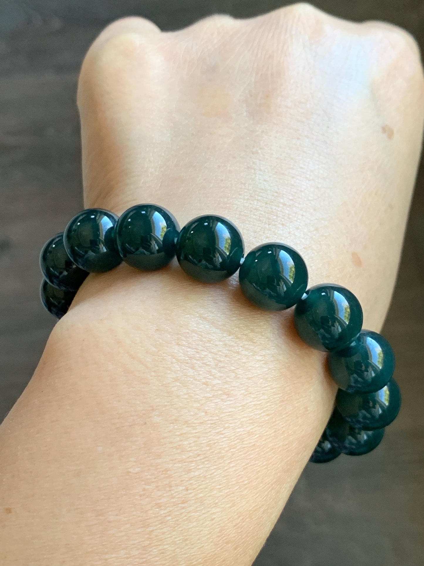 Natural Guatemalan Grade A Icy Translucent Dark Teal Green Jade Jadeite Beaded Bracelet Stretchy 11.8mm 7.25” 47g 天然冰危老种深蓝绿翡翠圆珠手串 SLW328