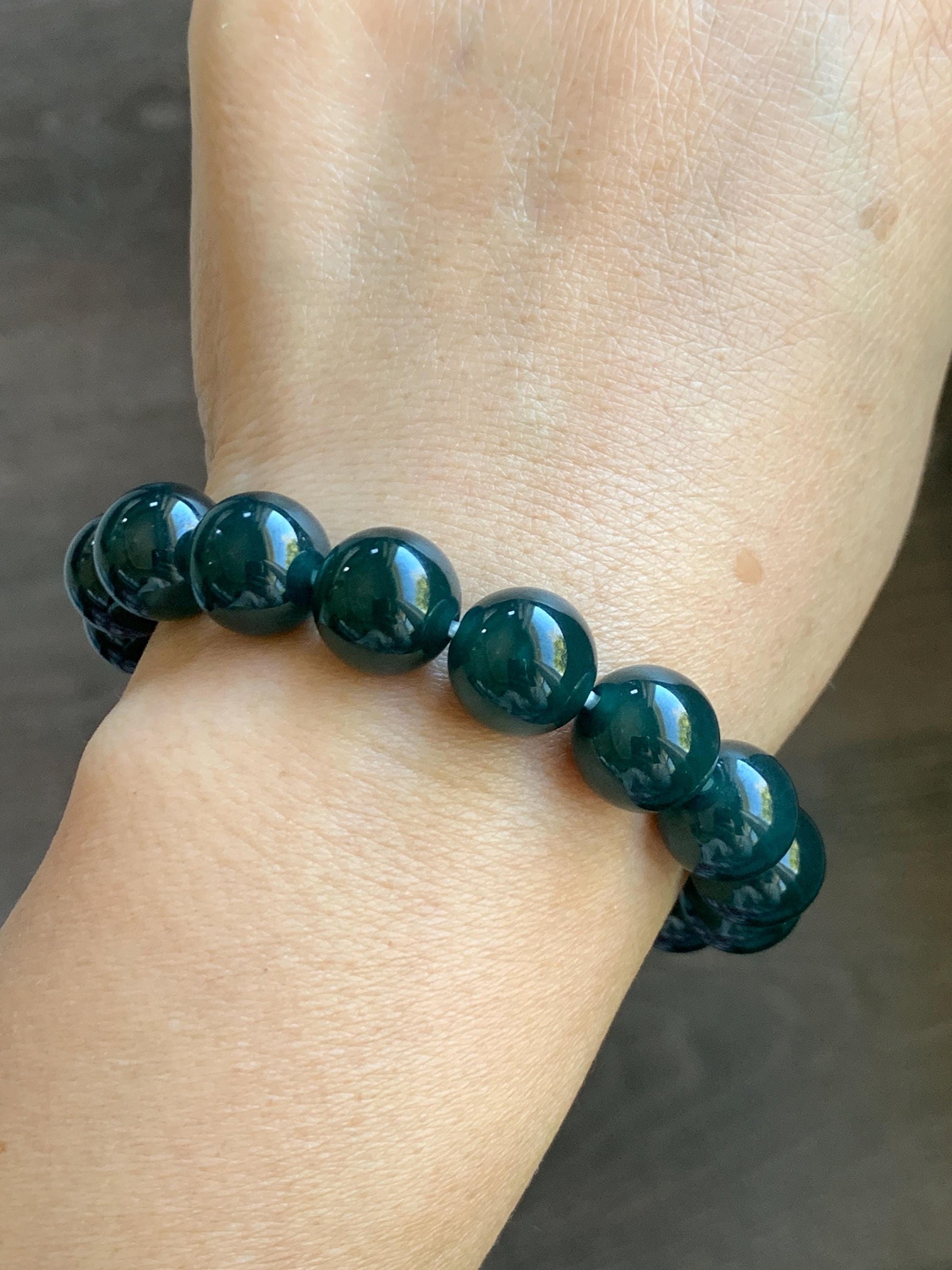 Natural Guatemalan Grade A Icy Translucent Dark Teal Green Jade Jadeite Beaded Bracelet Stretchy 11.8mm 7.25” 47g 天然冰危老种深蓝绿翡翠圆珠手串 SLW328