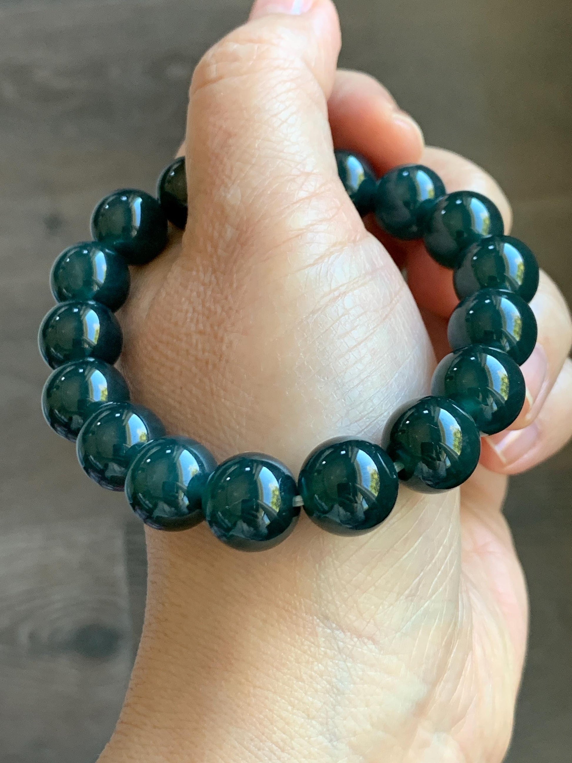 Natural Guatemalan Grade A Icy Translucent Dark Teal Green Jade Jadeite Beaded Bracelet Stretchy 11.8mm 7.25” 47g 天然冰危老种深蓝绿翡翠圆珠手串 SLW328