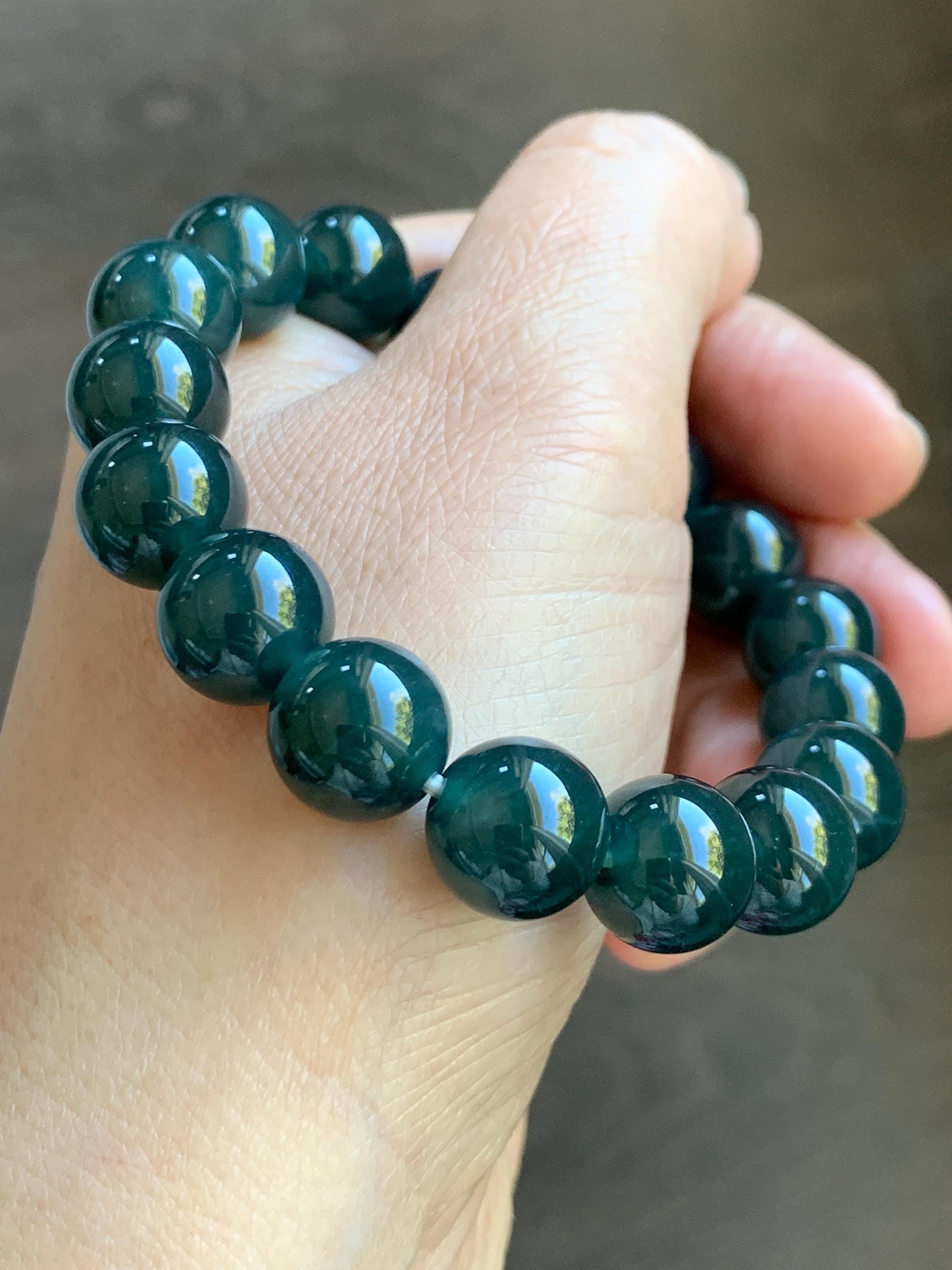 Natural Guatemalan Grade A Icy Translucent Dark Teal Green Jade Jadeite Beaded Bracelet Stretchy 11.8mm 7.25” 47g 天然冰危老种深蓝绿翡翠圆珠手串 SLW328