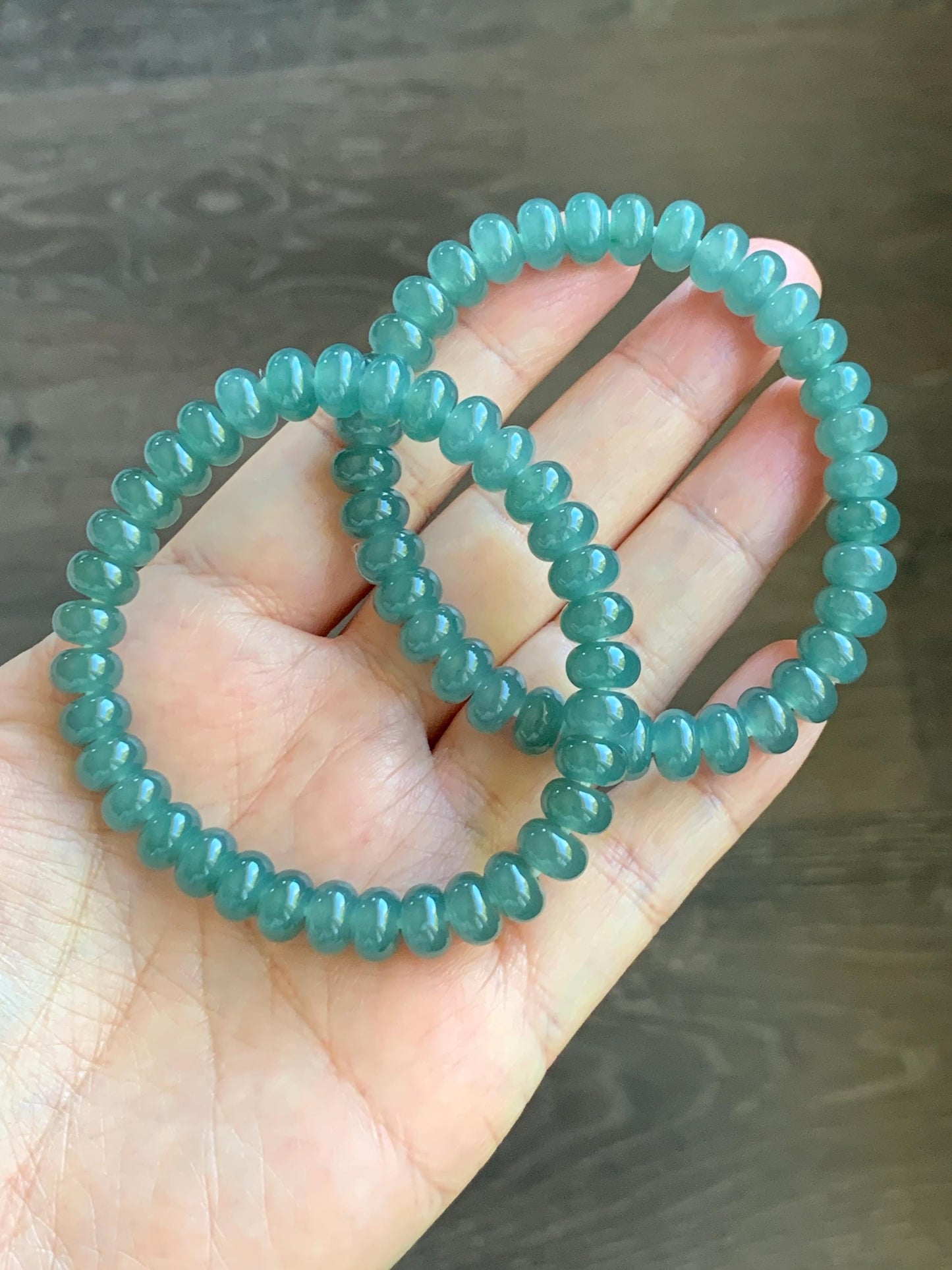 Natural Grade A Guatemalan Icy Translucent Dusty Teal Green Jade Jadeite Drum Beads Beaded Bracelet Stretchy 6.75” 22g 天然冰危蓝绿翡翠鼓珠手串 WAL480