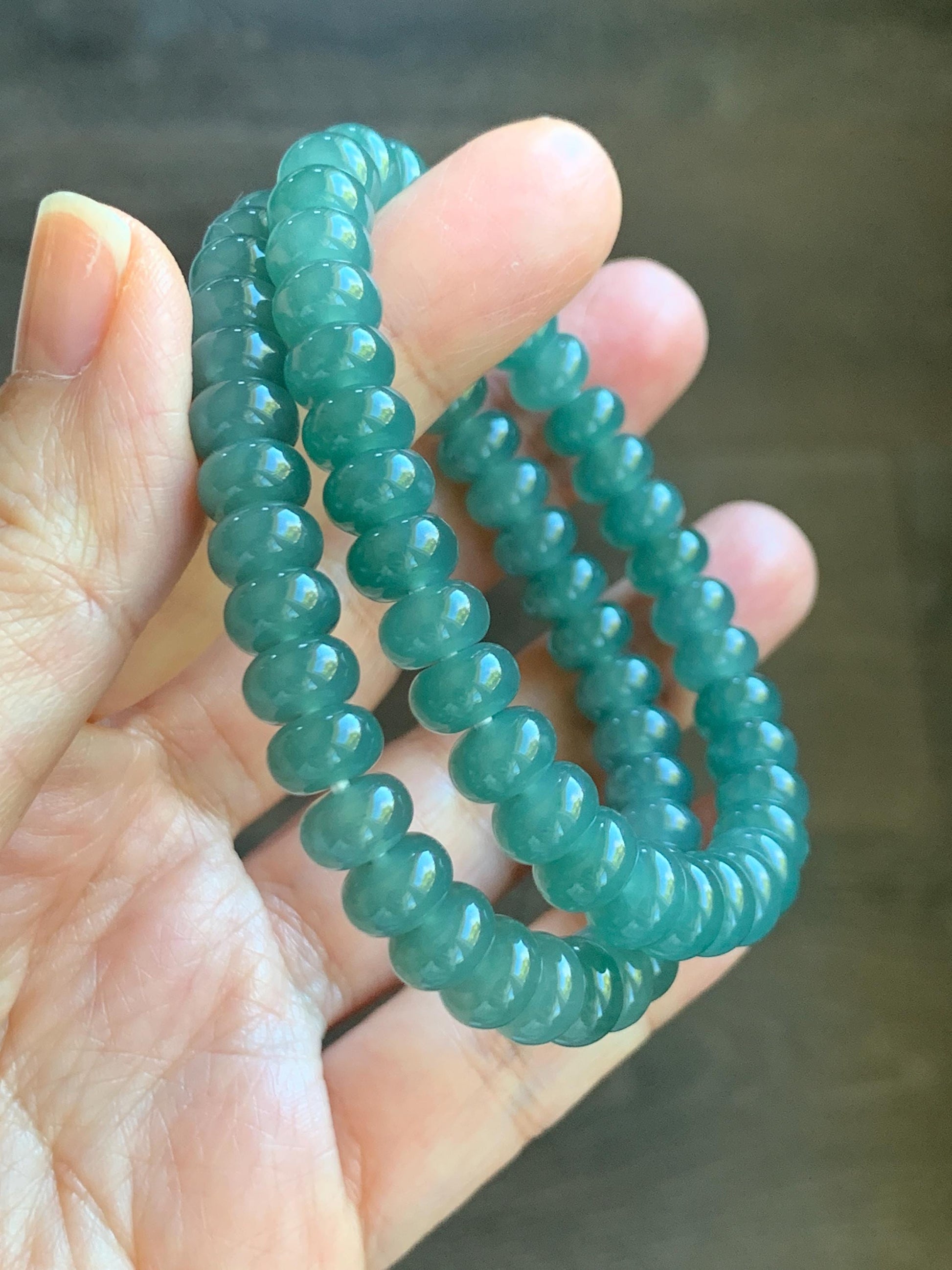 Natural Grade A Guatemalan Icy Translucent Dusty Teal Green Jade Jadeite Drum Beads Beaded Bracelet Stretchy 6.75” 22g 天然冰危蓝绿翡翠鼓珠手串 WAL480