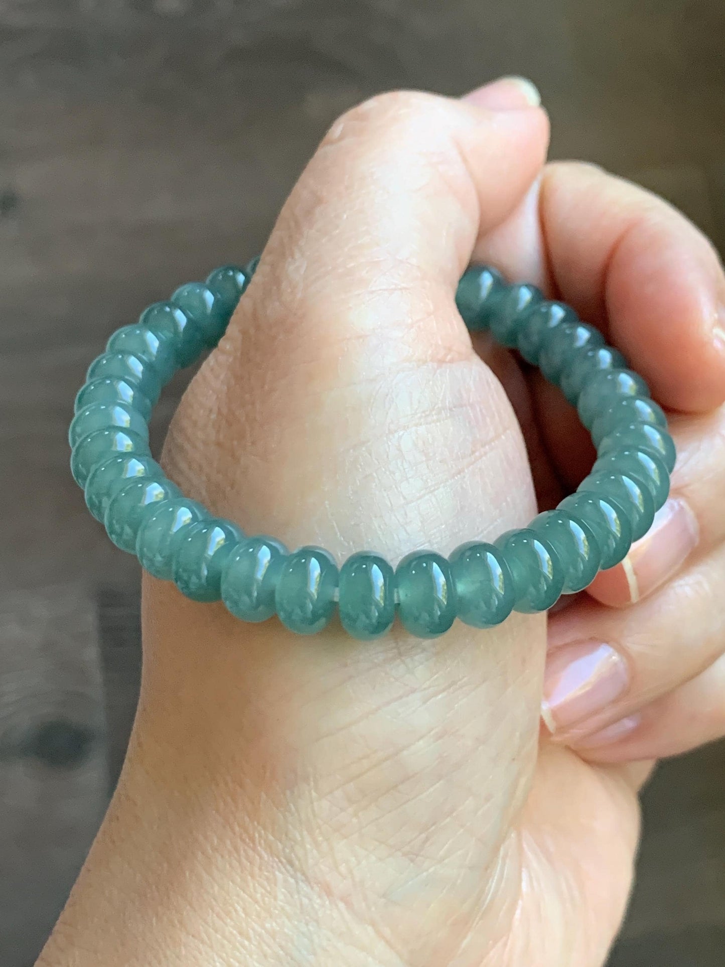 Natural Grade A Guatemalan Icy Translucent Dusty Teal Green Jade Jadeite Drum Beads Beaded Bracelet Stretchy 6.75” 22g 天然冰危蓝绿翡翠鼓珠手串 WAL480
