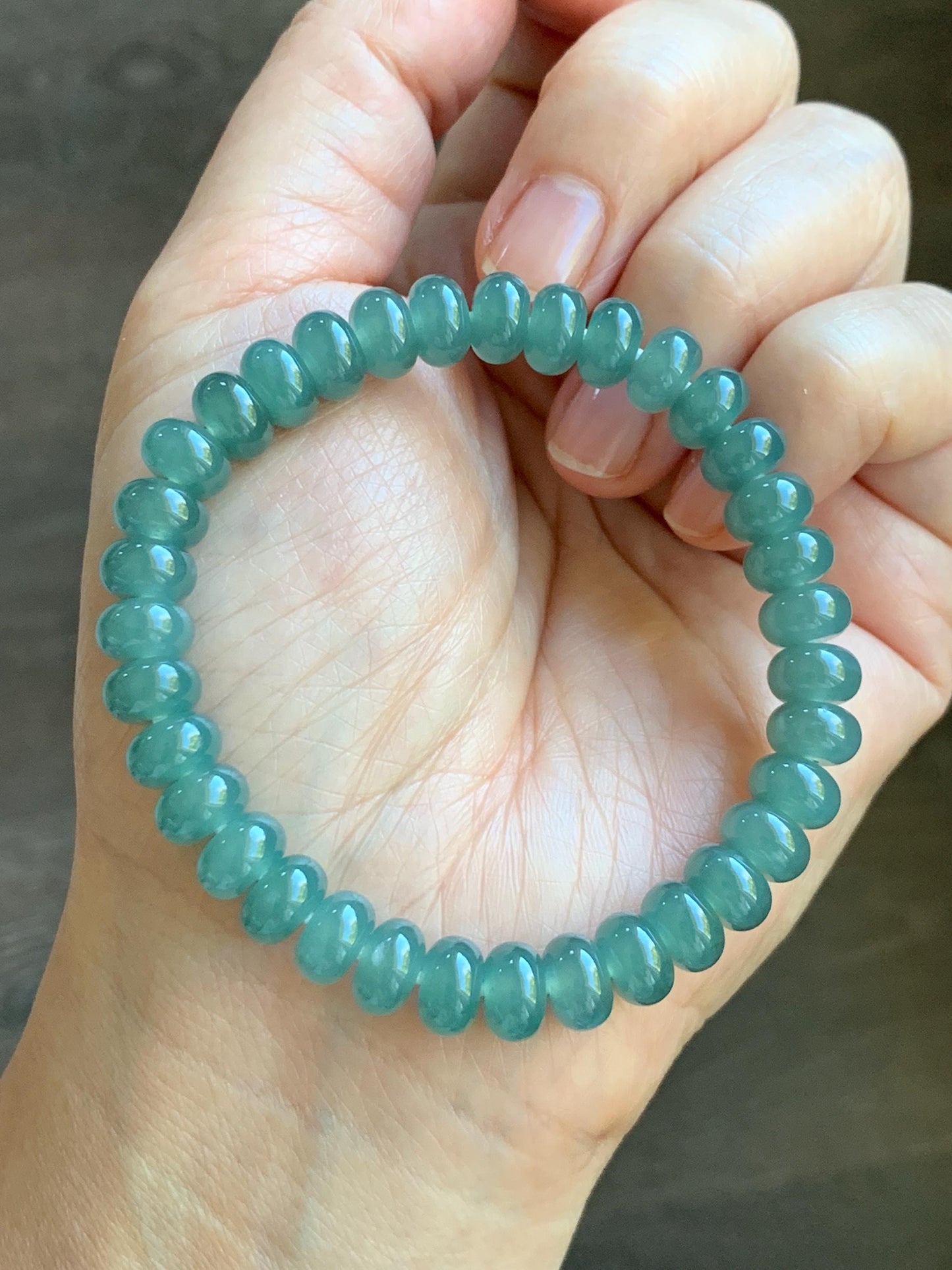 Natural Grade A Guatemalan Icy Translucent Dusty Teal Green Jade Jadeite Drum Beads Beaded Bracelet Stretchy 6.75” 22g 天然冰危蓝绿翡翠鼓珠手串 WAL480