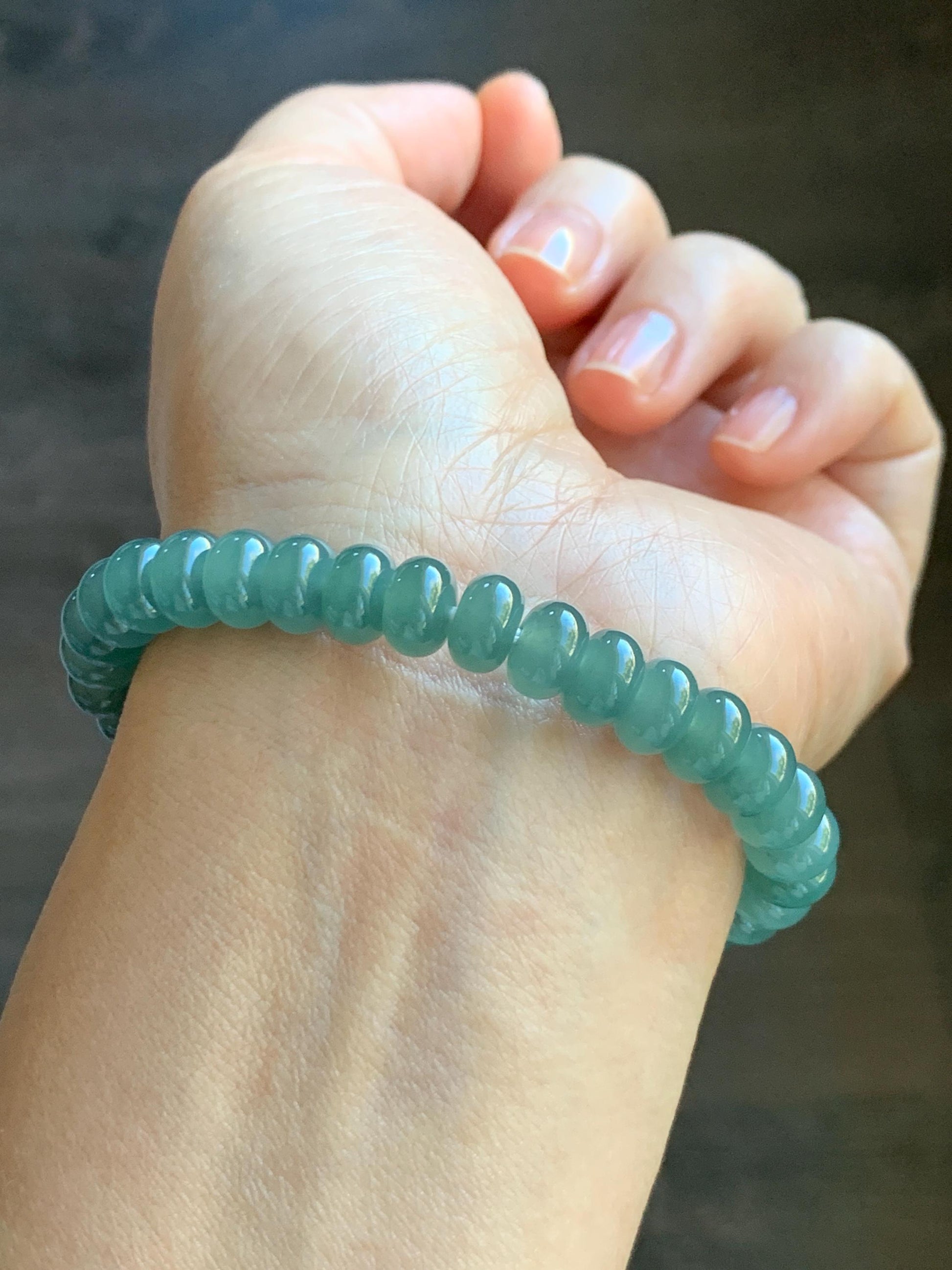 Natural Grade A Guatemalan Icy Translucent Dusty Teal Green Jade Jadeite Drum Beads Beaded Bracelet Stretchy 6.75” 22g 天然冰危蓝绿翡翠鼓珠手串 WAL480