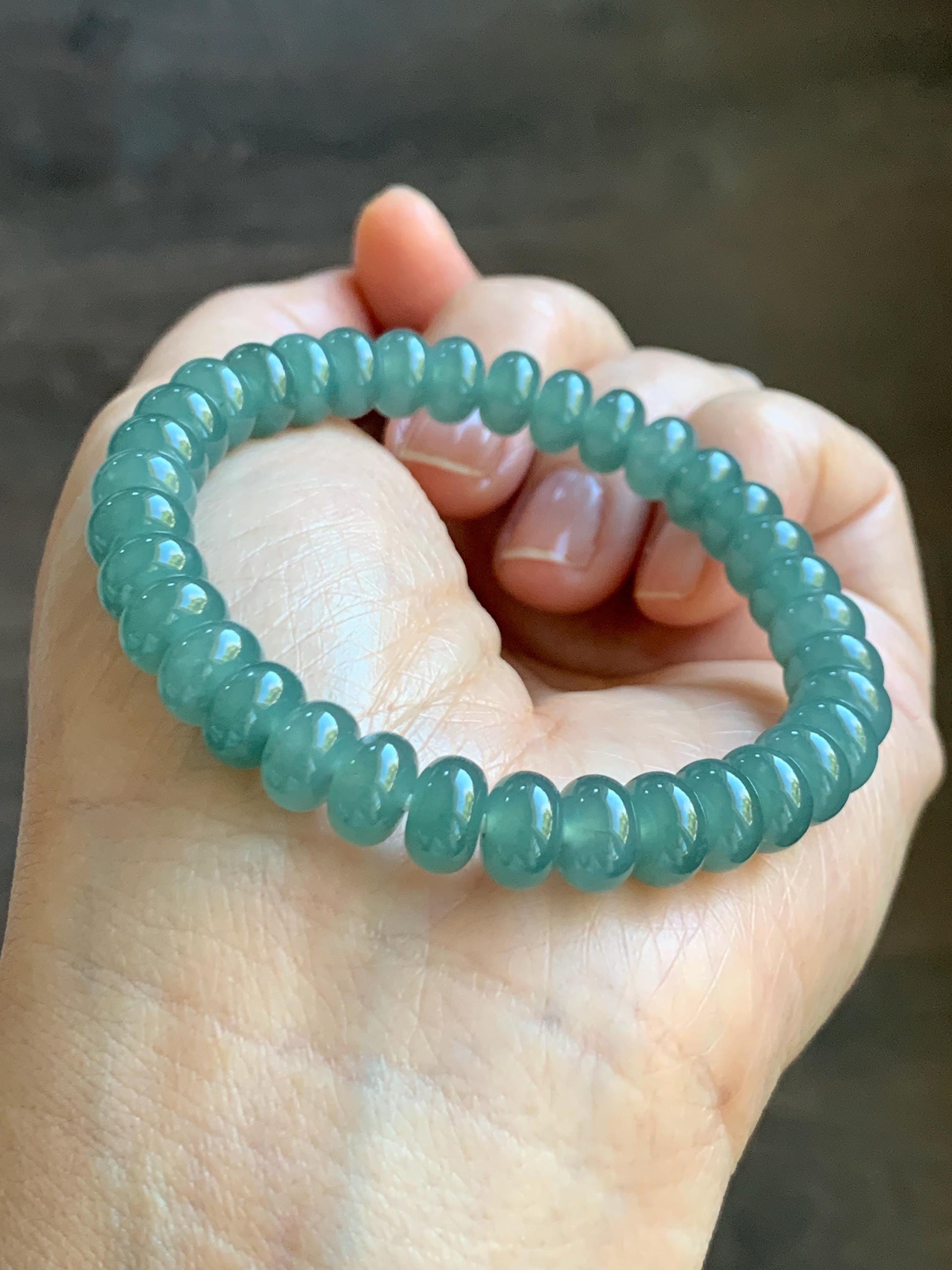 Natural Grade A Guatemalan Icy Translucent Dusty Teal Green Jade Jadeite Drum Beads Beaded Bracelet Stretchy 6.75” 22g 天然冰危蓝绿翡翠鼓珠手串 WAL480
