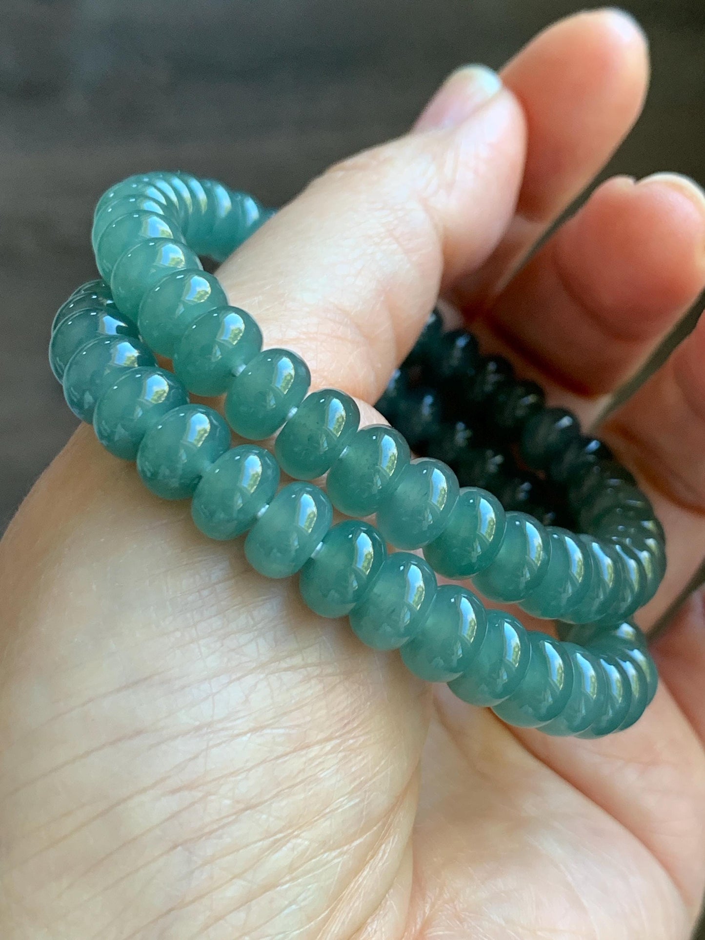 Natural Grade A Guatemalan Icy Translucent Dusty Teal Green Jade Jadeite Drum Beads Beaded Bracelet Stretchy 6.75” 22g 天然冰危蓝绿翡翠鼓珠手串 WAL480