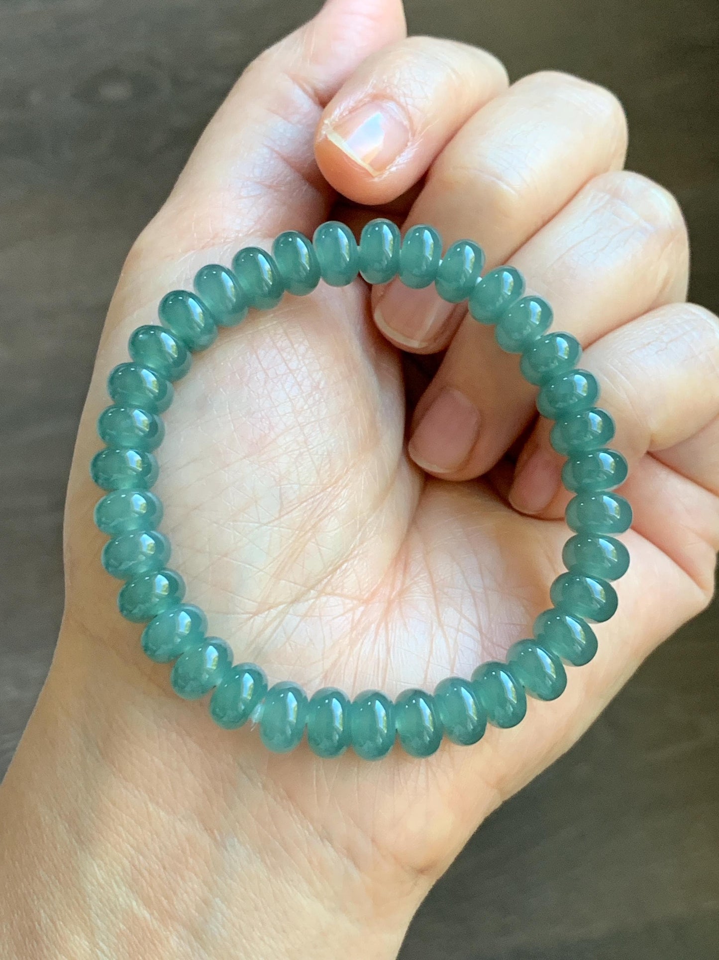 Natural Grade A Guatemalan Icy Translucent Dusty Teal Green Jade Jadeite Drum Beads Beaded Bracelet Stretchy 6.75” 22g 天然冰危蓝绿翡翠鼓珠手串 WAL480