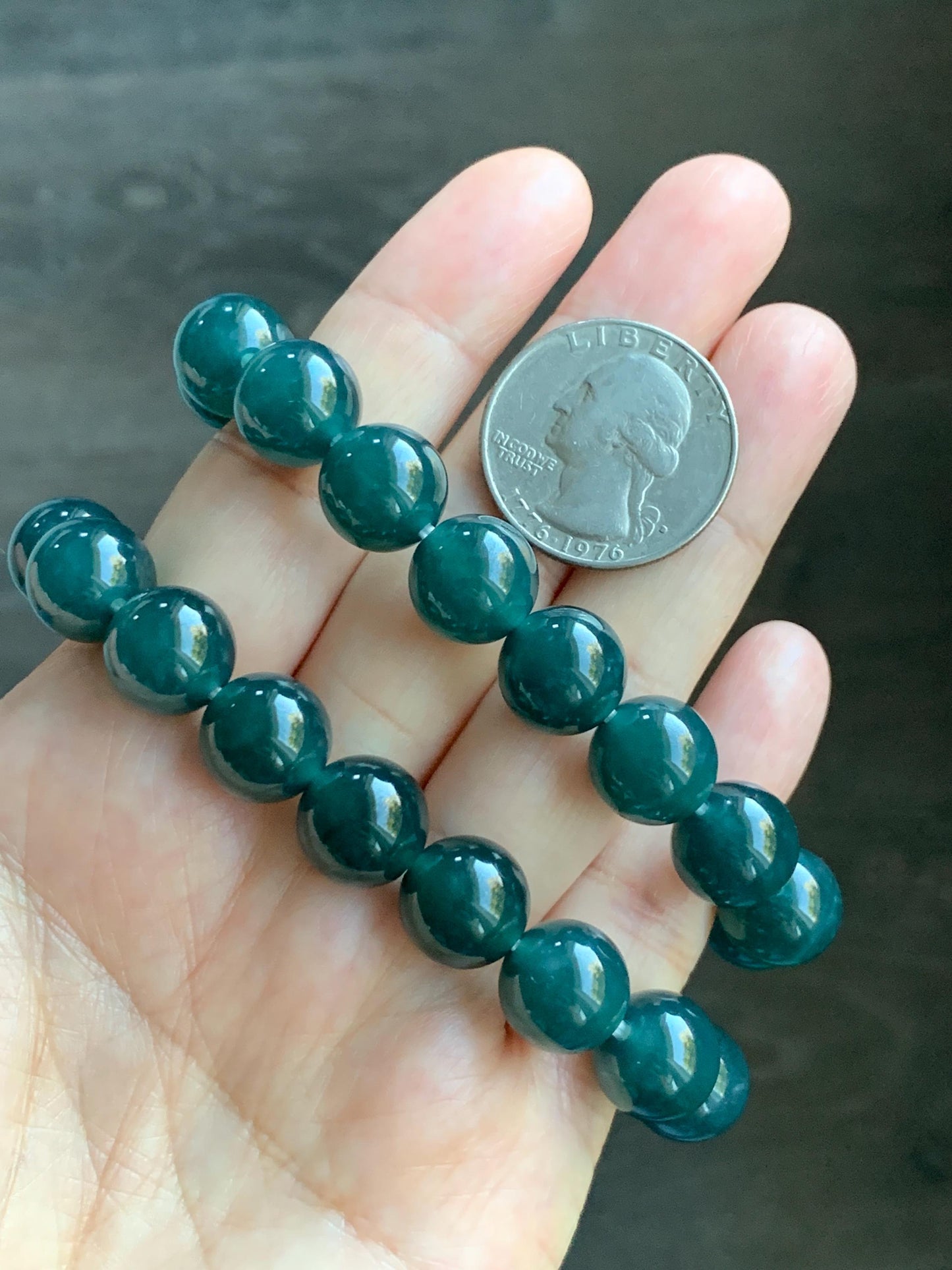 Natural Guatemalan Grade A Icy Translucent Dark Teal Blue Jade Jadeite Beaded Bracelet Stretchy 11.8mm 7.25” 48g 天然冰危老种深蓝绿翡翠圆珠手串 WSL7702