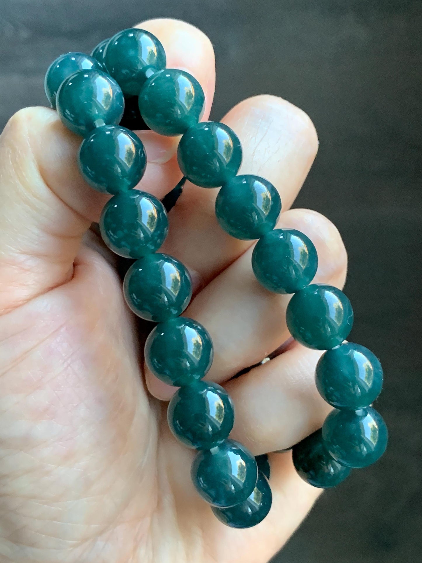 Natural Guatemalan Grade A Icy Translucent Dark Teal Blue Jade Jadeite Beaded Bracelet Stretchy 11.8mm 7.25” 48g 天然冰危老种深蓝绿翡翠圆珠手串 WSL7702