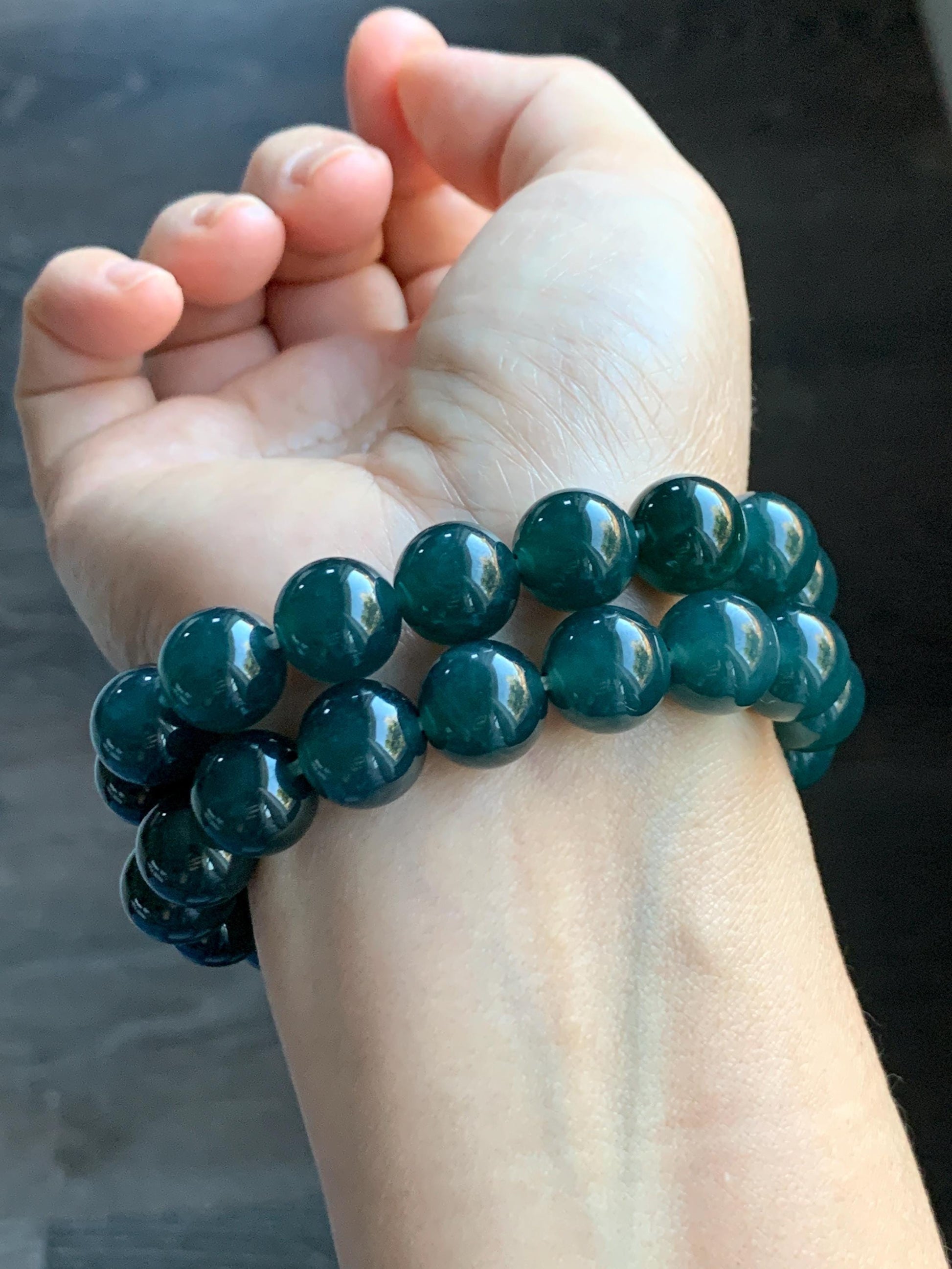 Natural Guatemalan Grade A Icy Translucent Dark Teal Blue Jade Jadeite Beaded Bracelet Stretchy 11.8mm 7.25” 48g 天然冰危老种深蓝绿翡翠圆珠手串 WSL7702