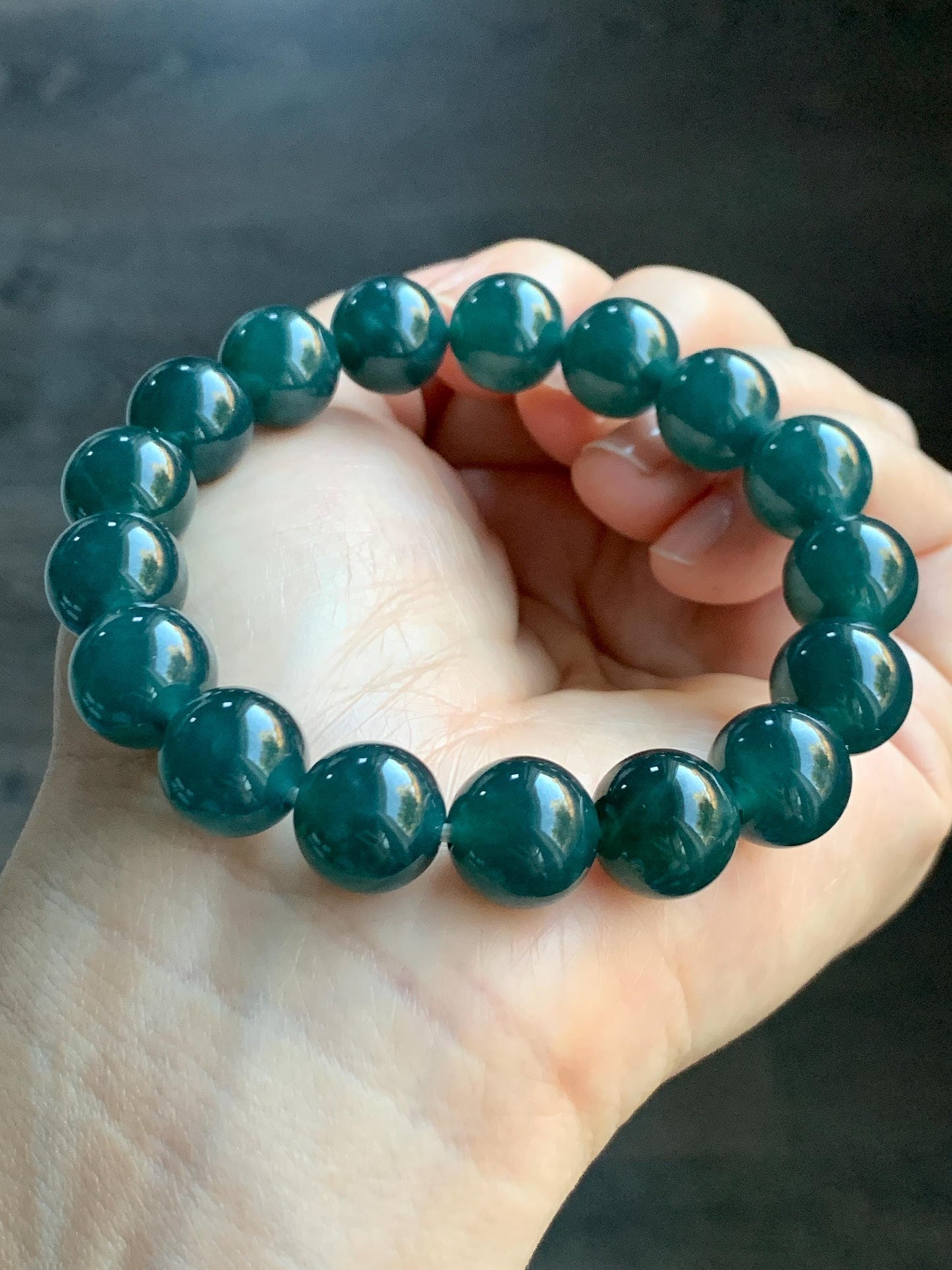 Natural Guatemalan Grade A Icy Translucent Dark Teal Blue Jade Jadeite Beaded Bracelet Stretchy 11.8mm 7.25” 48g 天然冰危老种深蓝绿翡翠圆珠手串 WSL7702