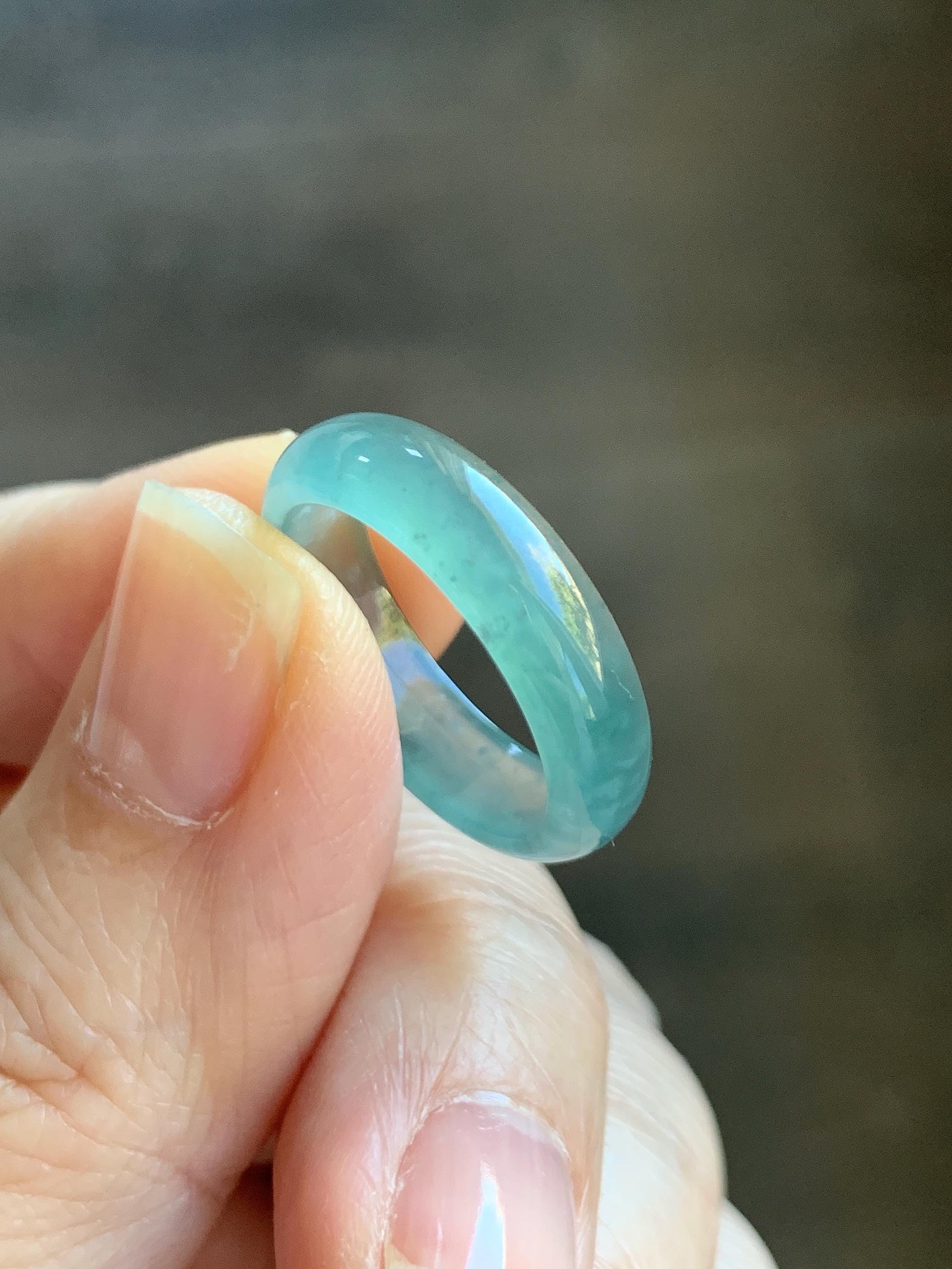 Natural Grade A Guatemalan Icy Highly Translucent Light Teal Blue Wuji Jade Jadeite Band Ring Size 6.5 US 天然冰胶危蓝绿乌鸡翡翠戒圈 GWW330D