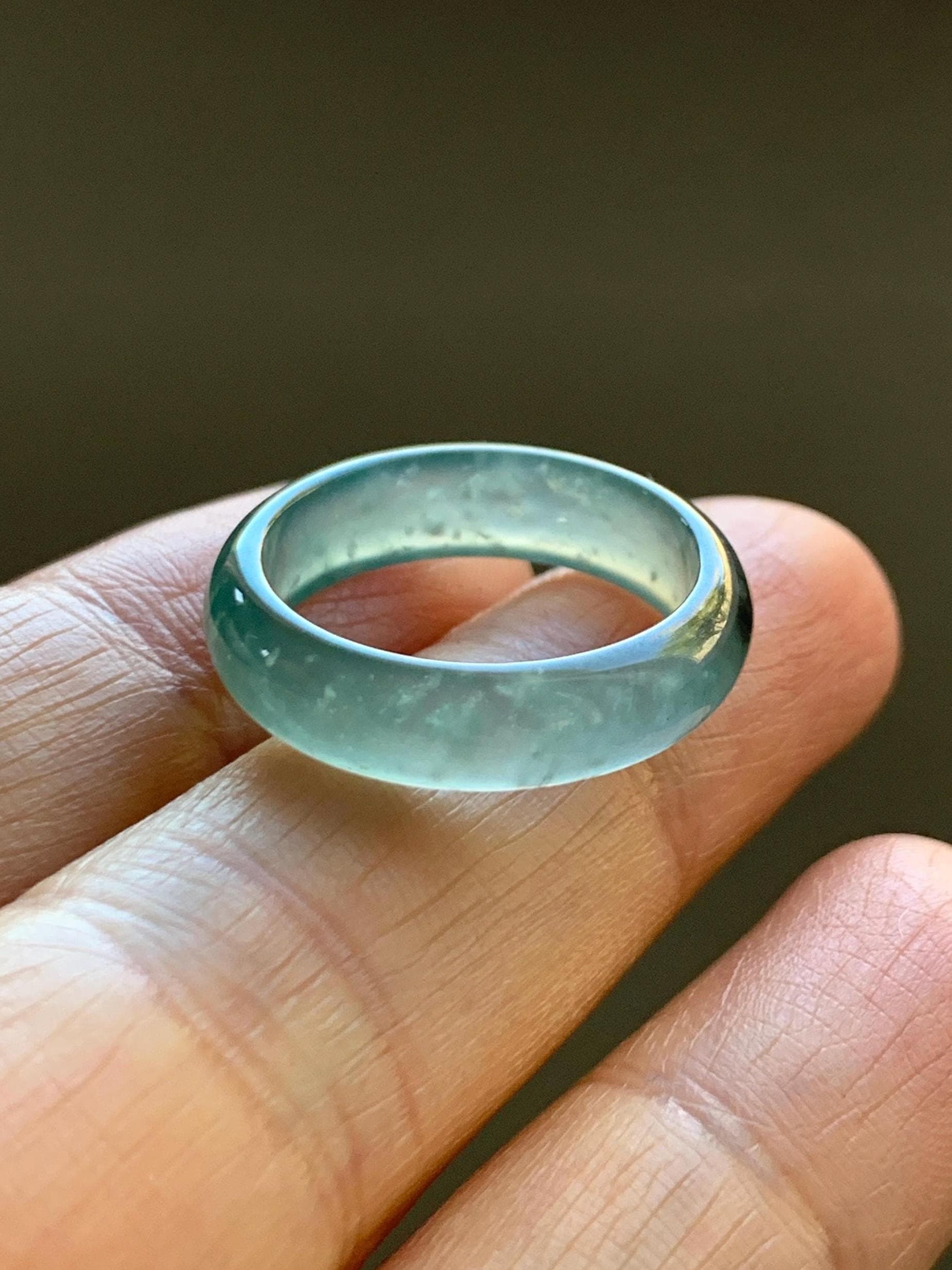 Natural Grade A Guatemalan Icy Highly Translucent Light Teal Blue Wuji Jade Jadeite Band Ring Size 6.5 US 天然冰胶危蓝绿乌鸡翡翠戒圈 GWW330D