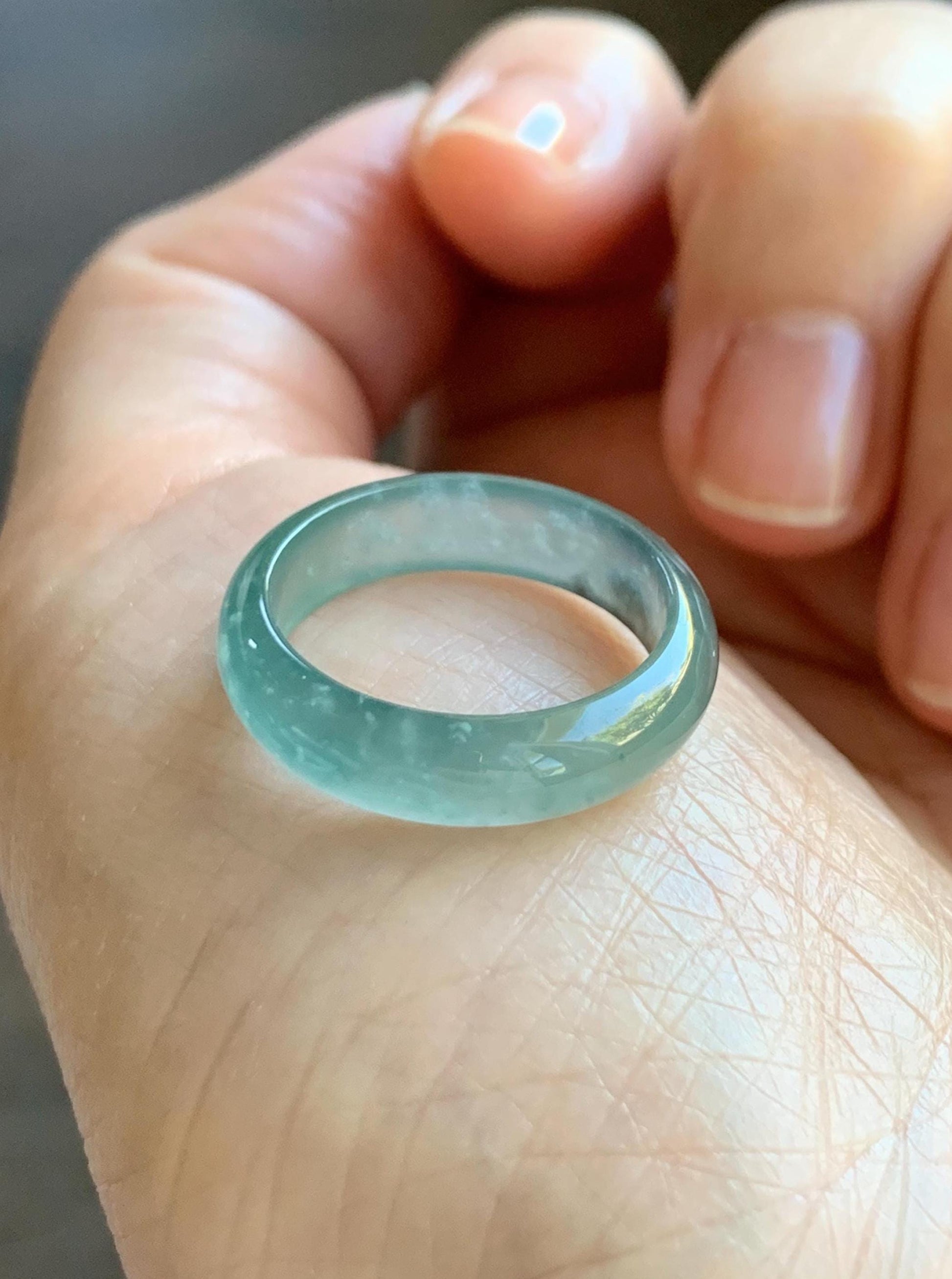Natural Grade A Guatemalan Icy Highly Translucent Light Teal Blue Wuji Jade Jadeite Band Ring Size 6.5 US 天然冰胶危蓝绿乌鸡翡翠戒圈 GWW330D