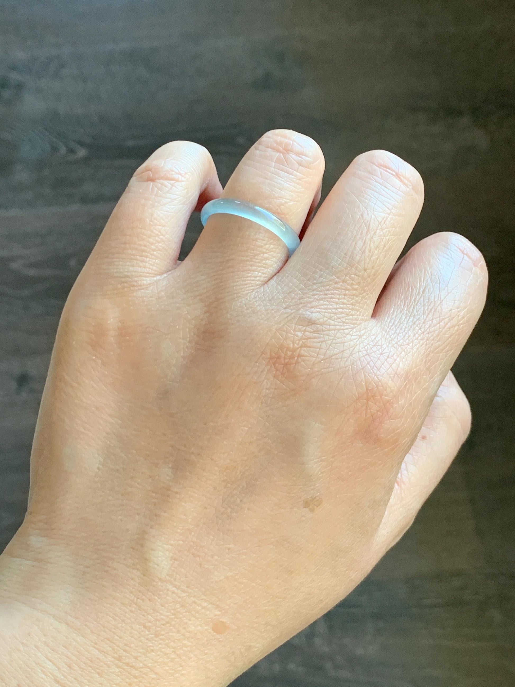 Natural Grade A Guatemalan Icy Highly Translucent Pastel Blue Jade Jadeite Band Ring Size 8.75 US 天然冰危淡蓝起光翡翠戒圈 XWL55B