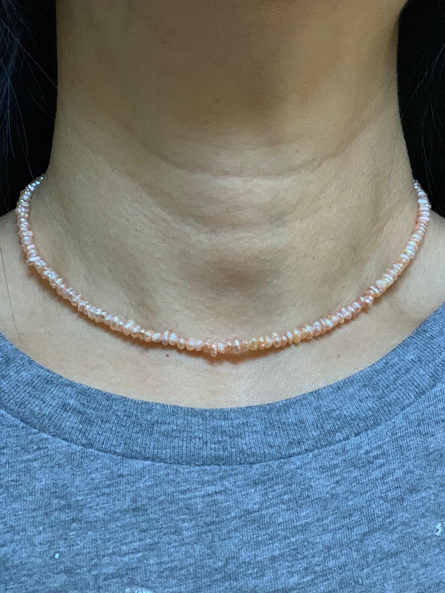 Natural Freshwater All-Nacre Metallica Peachy Pink Petite Baroque Pearls Necklace Sterling Silver 3.6mm 15”-16.5” 9g 天然淡水无核桃粉巴洛克珍珠项链 TSP1602
