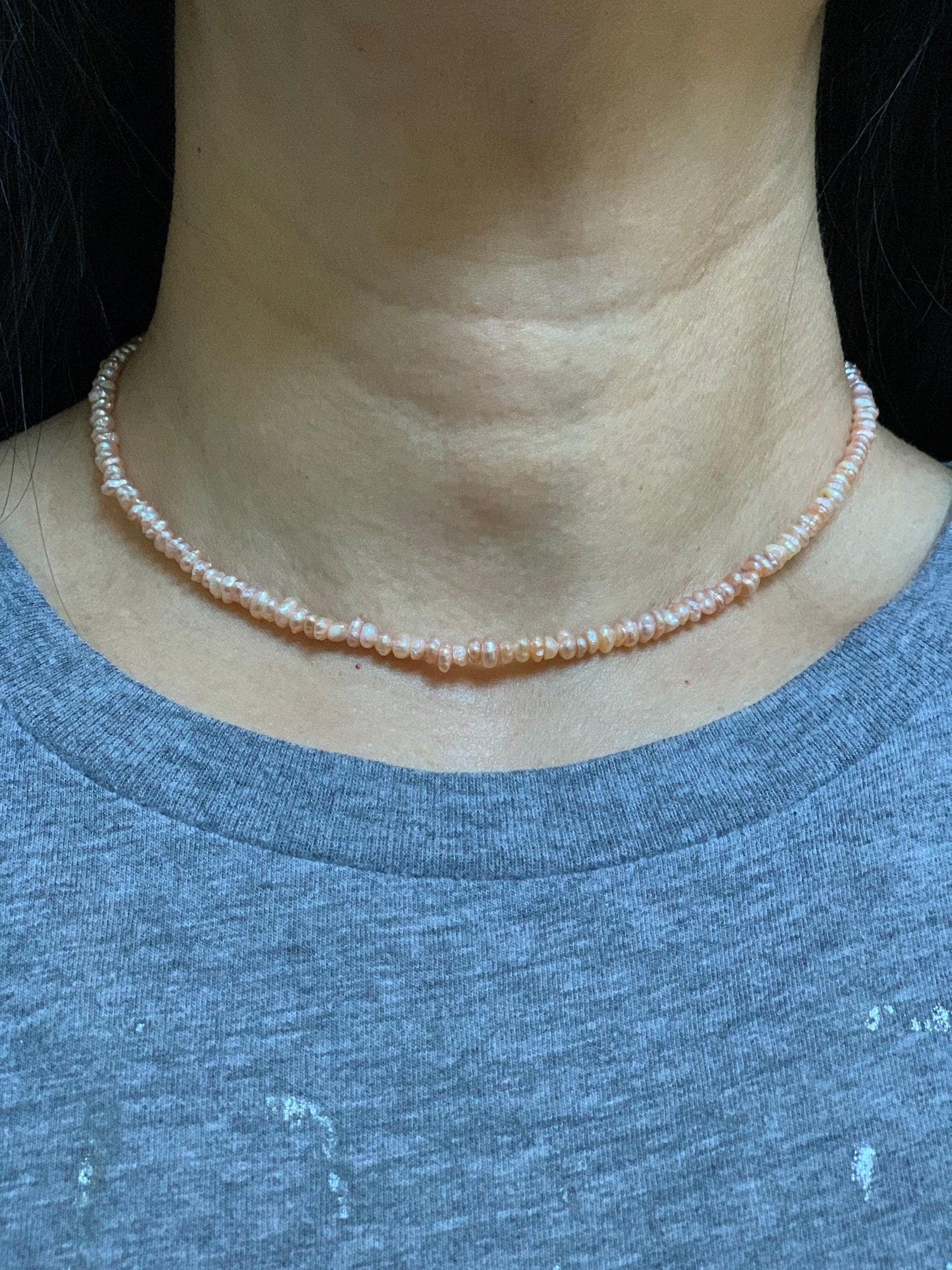 Natural Freshwater All-Nacre Metallica Peachy Pink Petite Baroque Pearls Necklace Sterling Silver 3.6mm 15”-16.5” 9g 天然淡水无核桃粉巴洛克珍珠项链 TSP1602