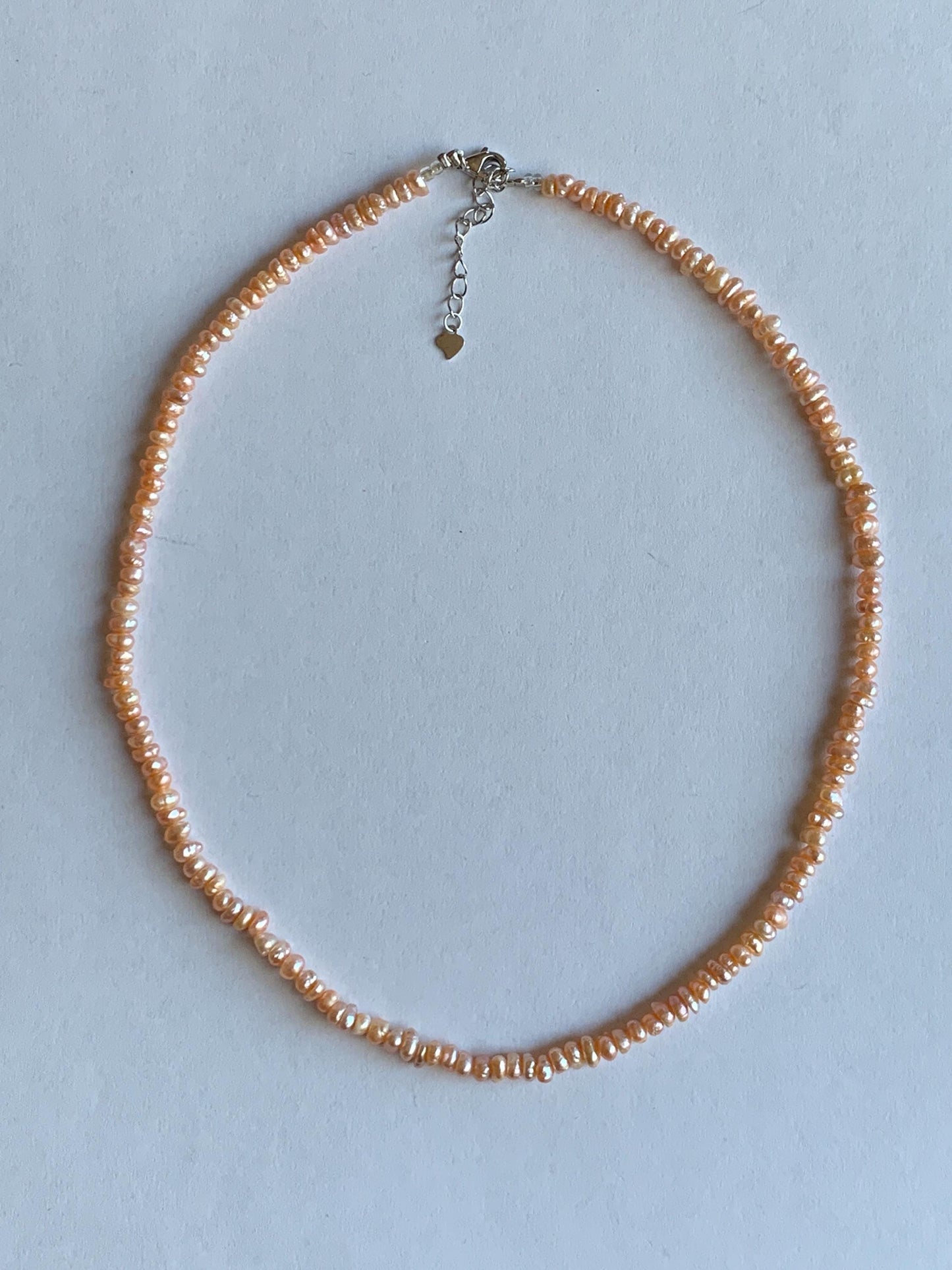 Natural Freshwater All-Nacre Metallica Peachy Pink Petite Baroque Pearls Necklace Sterling Silver 3.6mm 15”-16.5” 9g 天然淡水无核桃粉巴洛克珍珠项链 TSP1602
