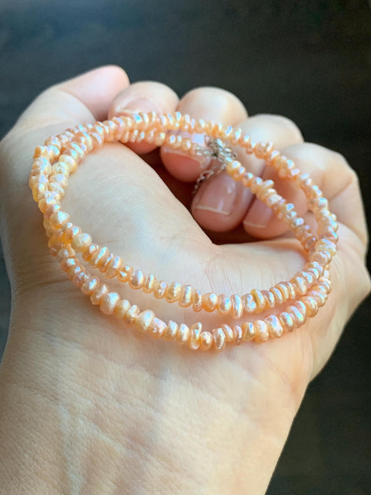 Natural Freshwater All-Nacre Metallica Peachy Pink Petite Baroque Pearls Necklace Sterling Silver 3.6mm 15”-16.5” 9g 天然淡水无核桃粉巴洛克珍珠项链 TSP1602
