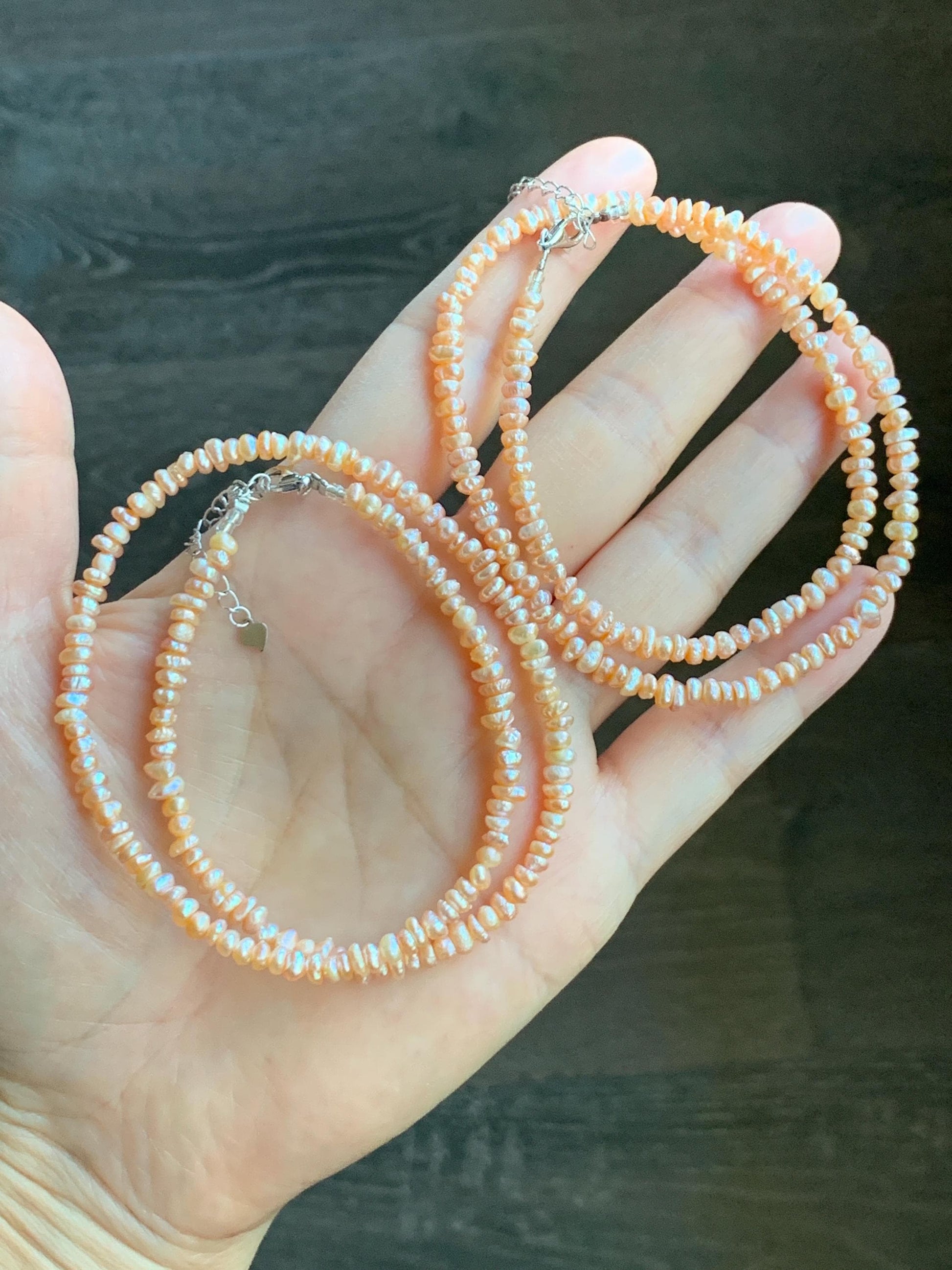 Natural Freshwater All-Nacre Metallica Peachy Pink Petite Baroque Pearls Necklace Sterling Silver 3.6mm 15”-16.5” 9g 天然淡水无核桃粉巴洛克珍珠项链 TSP1602