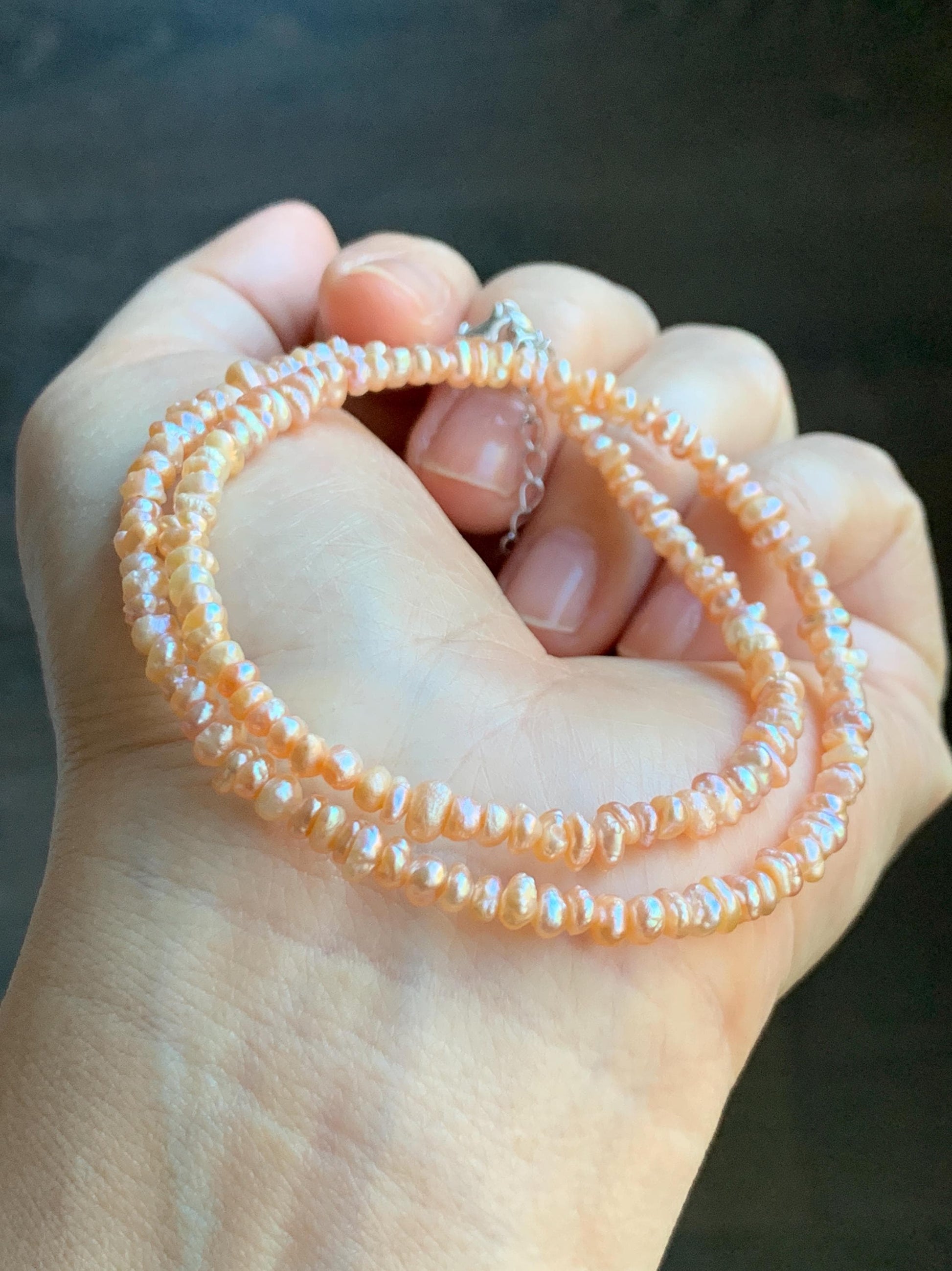 Natural Freshwater All-Nacre Metallica Peachy Pink Petite Baroque Pearls Necklace Sterling Silver 3.6mm 15”-16.5” 9g 天然淡水无核桃粉巴洛克珍珠项链 TSP1602