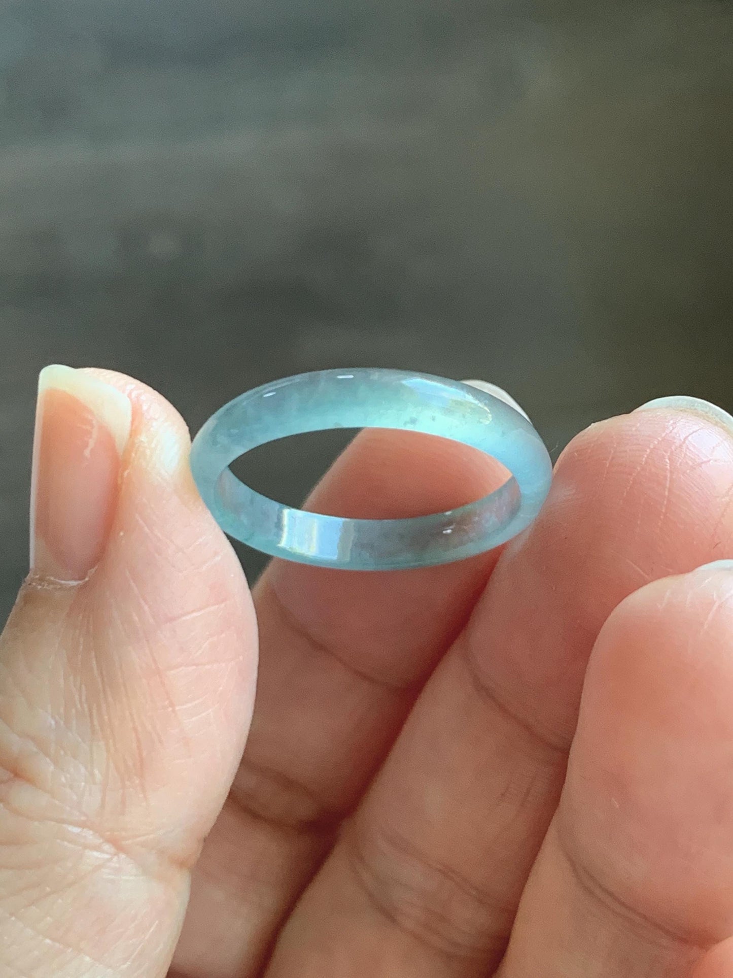Natural Grade A Guatemalan Icy Highly Translucent Light Teal Blue Jade Jadeite Band Ring Size 8.75 US 天然冰危淡蓝起光翡翠戒圈 XWL55A