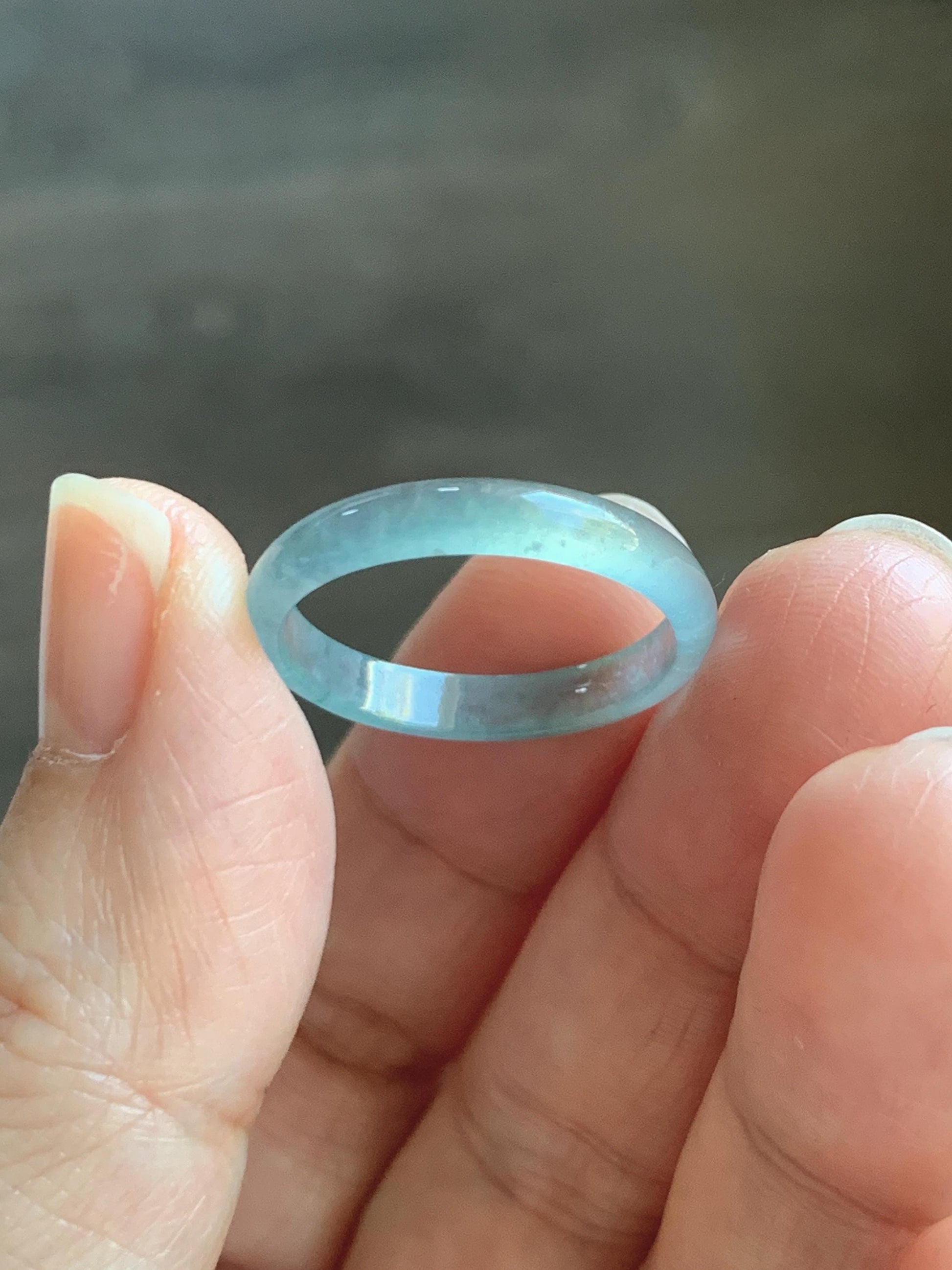 Natural Grade A Guatemalan Icy Highly Translucent Light Teal Blue Jade Jadeite Band Ring Size 8.75 US 天然冰危淡蓝起光翡翠戒圈 XWL55A