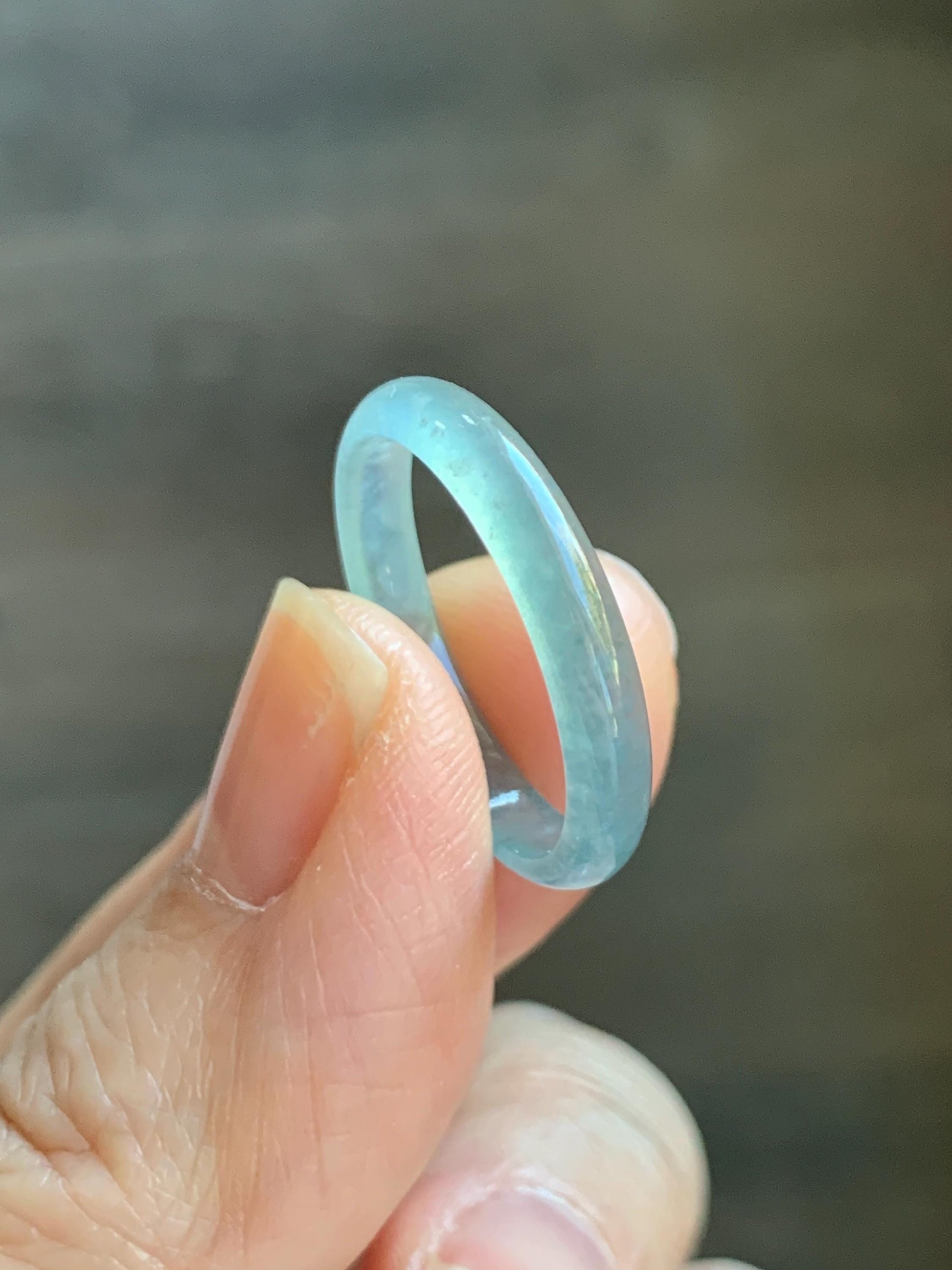 Natural Grade A Guatemalan Icy Highly Translucent Light Teal Blue Jade Jadeite Band Ring Size 8.75 US 天然冰危淡蓝起光翡翠戒圈 XWL55A