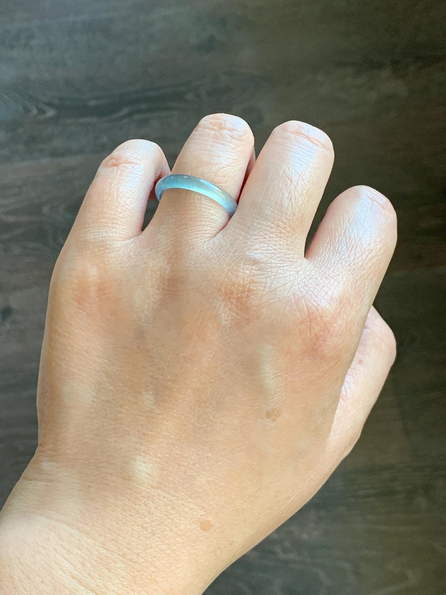 Natural Grade A Guatemalan Icy Highly Translucent Light Teal Blue Jade Jadeite Band Ring Size 8.75 US 天然冰危淡蓝起光翡翠戒圈 XWL55A