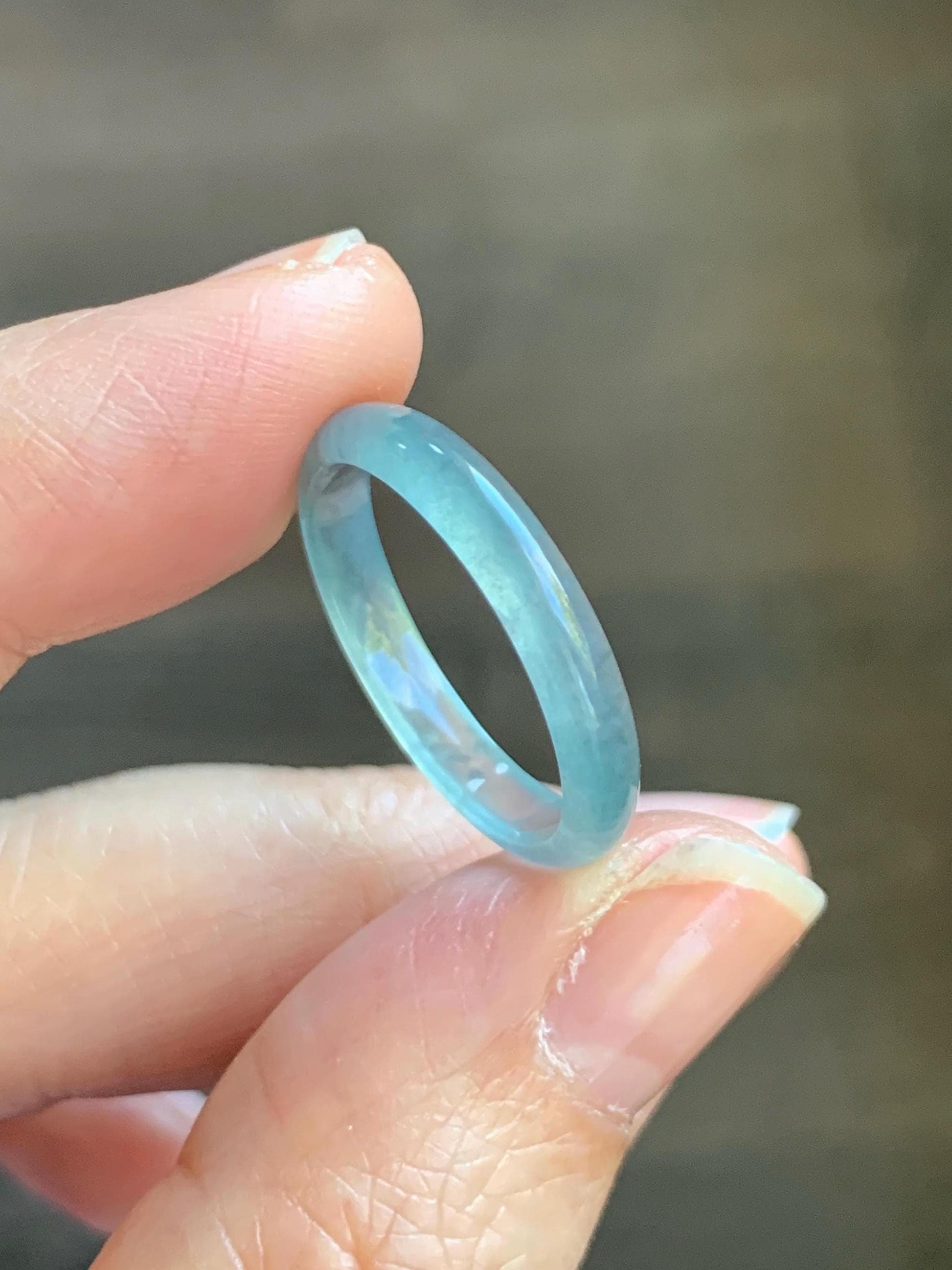 Natural Grade A Guatemalan Icy Highly Translucent Light Teal Blue Jade Jadeite Band Ring Size 8.75 US 天然冰危淡蓝起光翡翠戒圈 XWL55A
