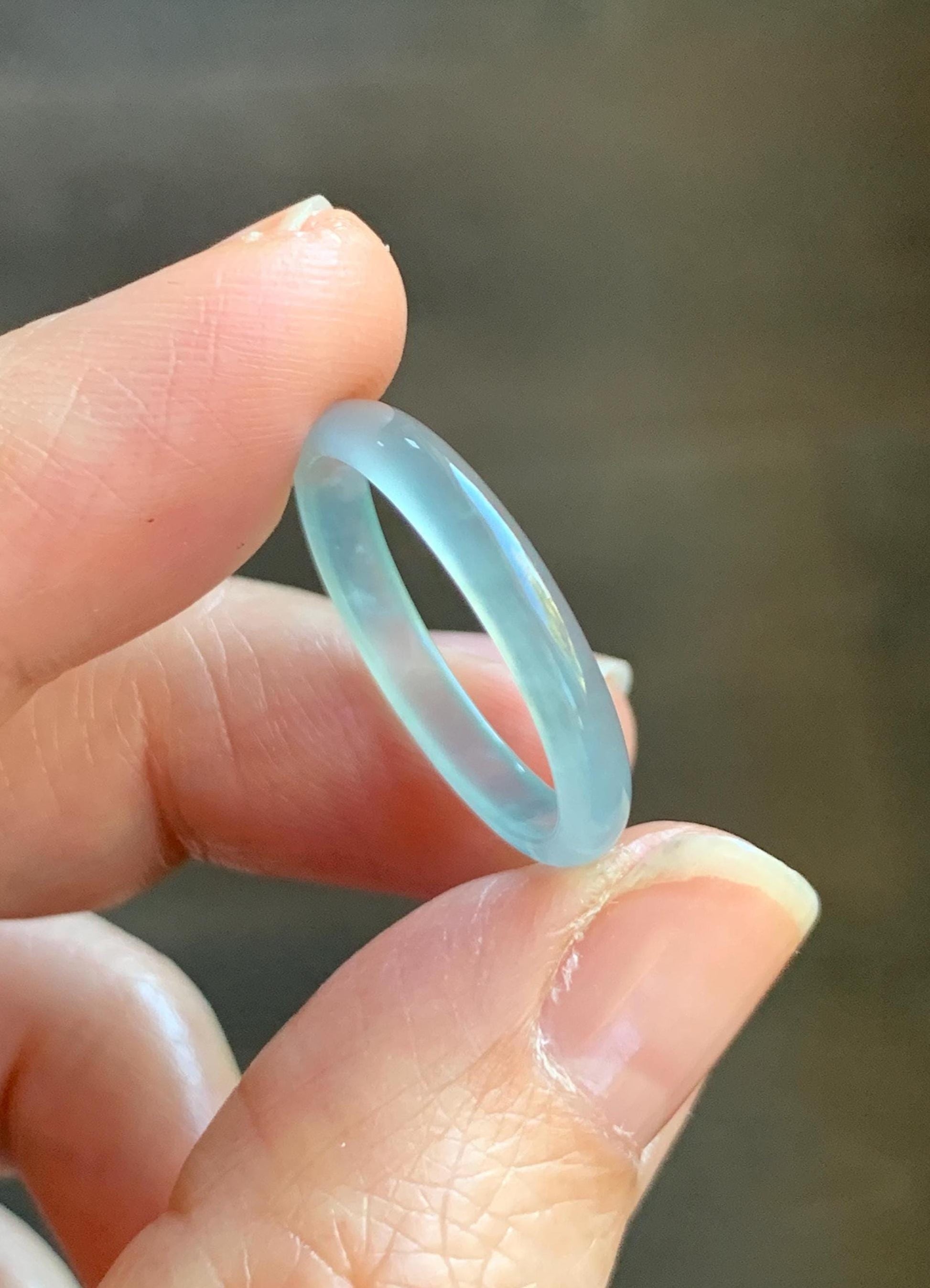 Natural Grade A Guatemalan Icy Highly Translucent Pastel Blue Jade Jadeite Band Ring Size 8.75 US 天然冰危淡蓝起光翡翠戒圈 XWL55B