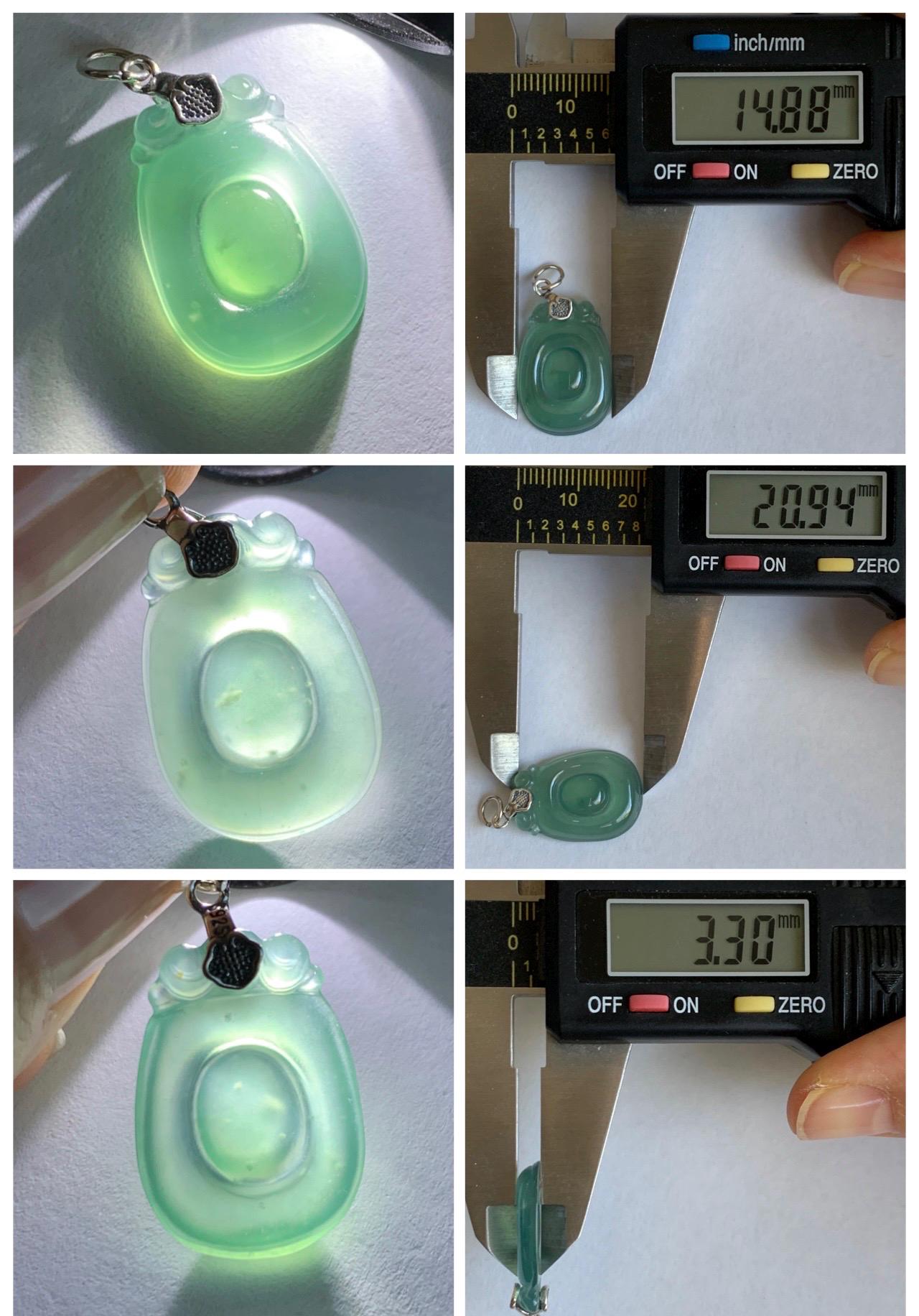 Natural Grade A Guatemalan Icy Highly Translucent Teal Green Jade Jadeite Lucky Coin Fu Bei Pendant Sterling Silver 天然冰胶危老种晴绿翡翠福贝吊坠 FBW68C