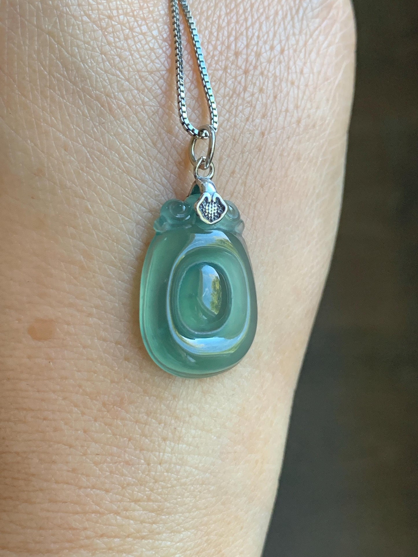 Natural Grade A Guatemalan Icy Highly Translucent Teal Green Jade Jadeite Lucky Coin Fu Bei Pendant Sterling Silver 天然冰胶危老种晴绿翡翠福贝吊坠 FBW68C