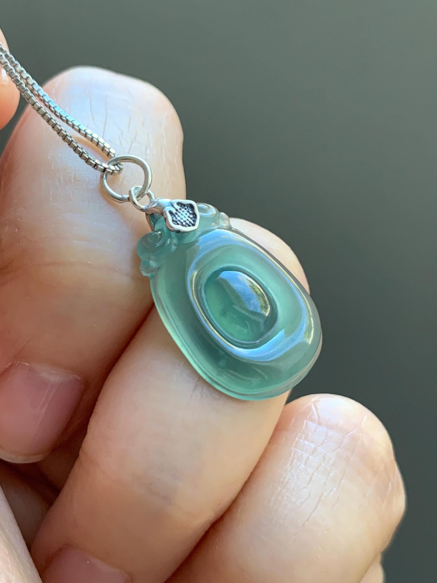 Natural Grade A Guatemalan Icy Highly Translucent Teal Green Jade Jadeite Lucky Coin Fu Bei Pendant Sterling Silver 天然冰胶危老种晴绿翡翠福贝吊坠 FBW68C