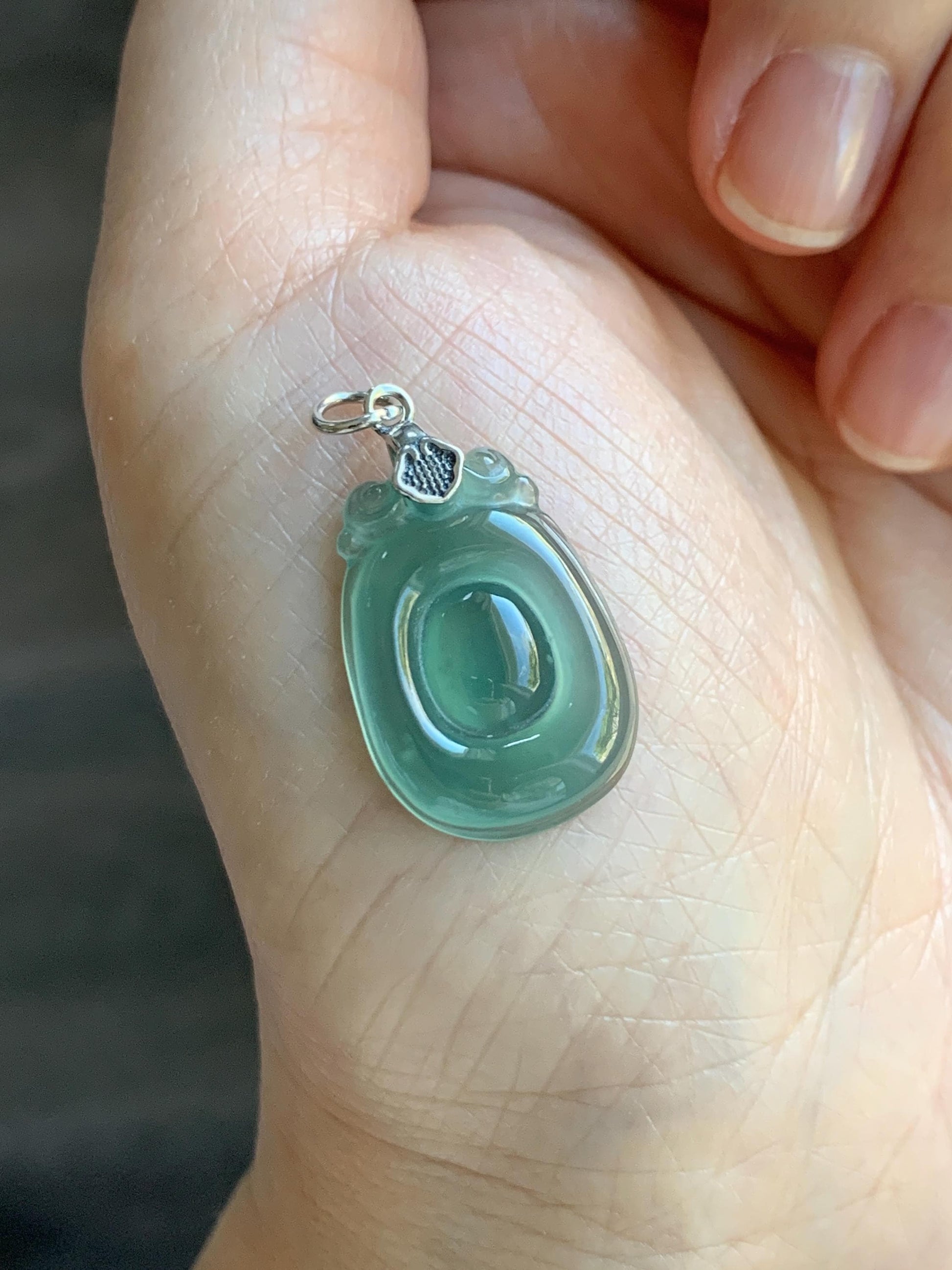 Natural Grade A Guatemalan Icy Highly Translucent Teal Green Jade Jadeite Lucky Coin Fu Bei Pendant Sterling Silver 天然冰胶危老种晴绿翡翠福贝吊坠 FBW68C