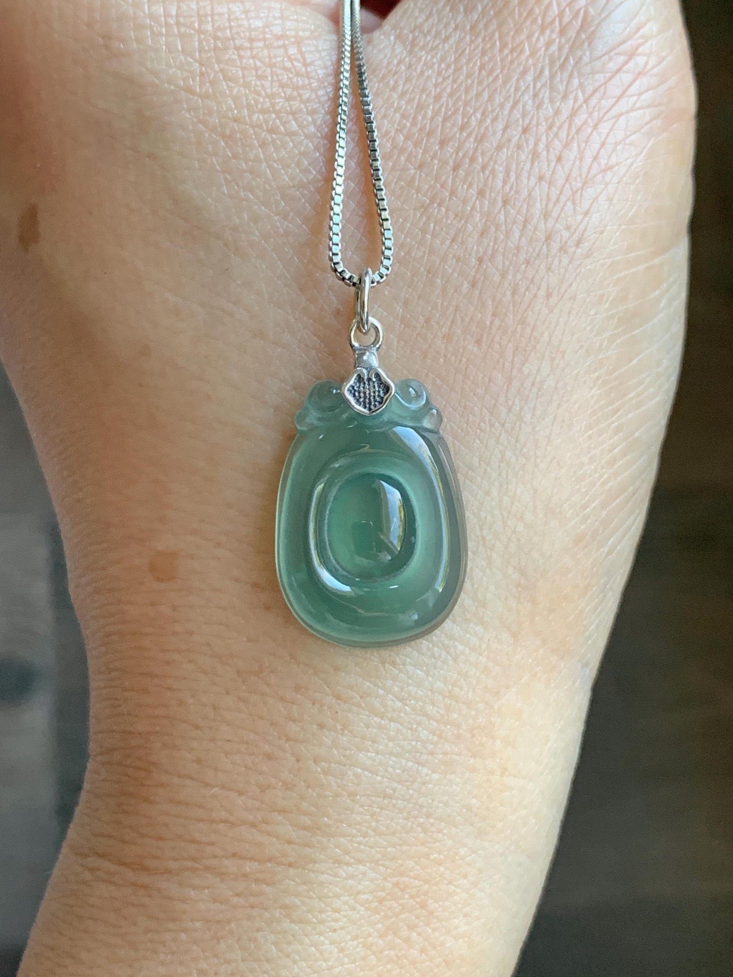 Natural Grade A Guatemalan Icy Highly Translucent Teal Green Jade Jadeite Lucky Coin Fu Bei Pendant Sterling Silver 天然冰胶危老种晴绿翡翠福贝吊坠 FBW68C