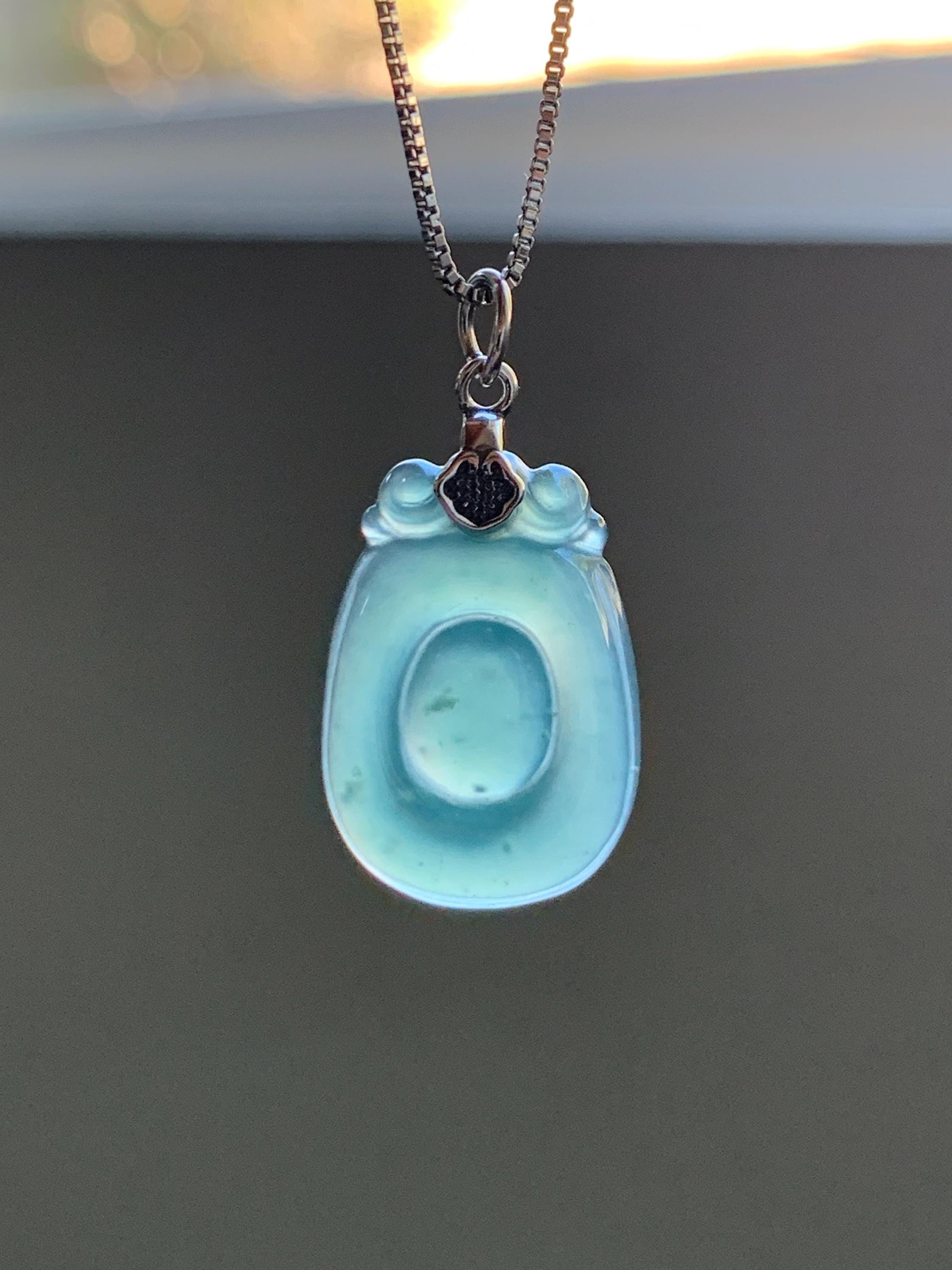 Natural Grade A Guatemalan Icy Highly Translucent Teal Green Jade Jadeite Lucky Coin Fu Bei Pendant Sterling Silver 天然冰胶危老种晴绿翡翠福贝吊坠 FBW68C