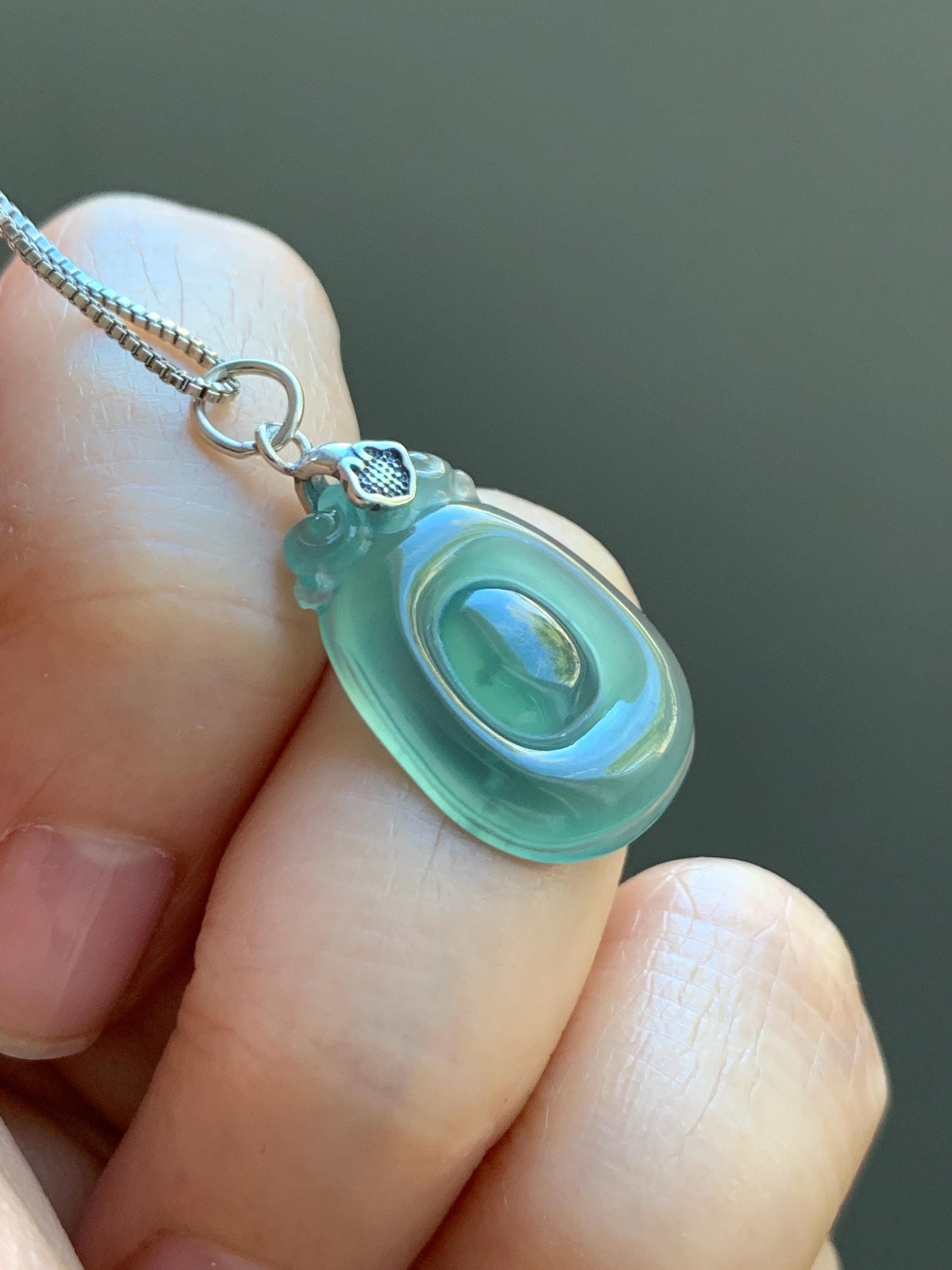Natural Grade A Guatemalan Icy Highly Translucent Teal Green Jade Jadeite Lucky Coin Fu Bei Pendant Sterling Silver 天然冰胶危老种晴绿翡翠福贝吊坠 FBW68C