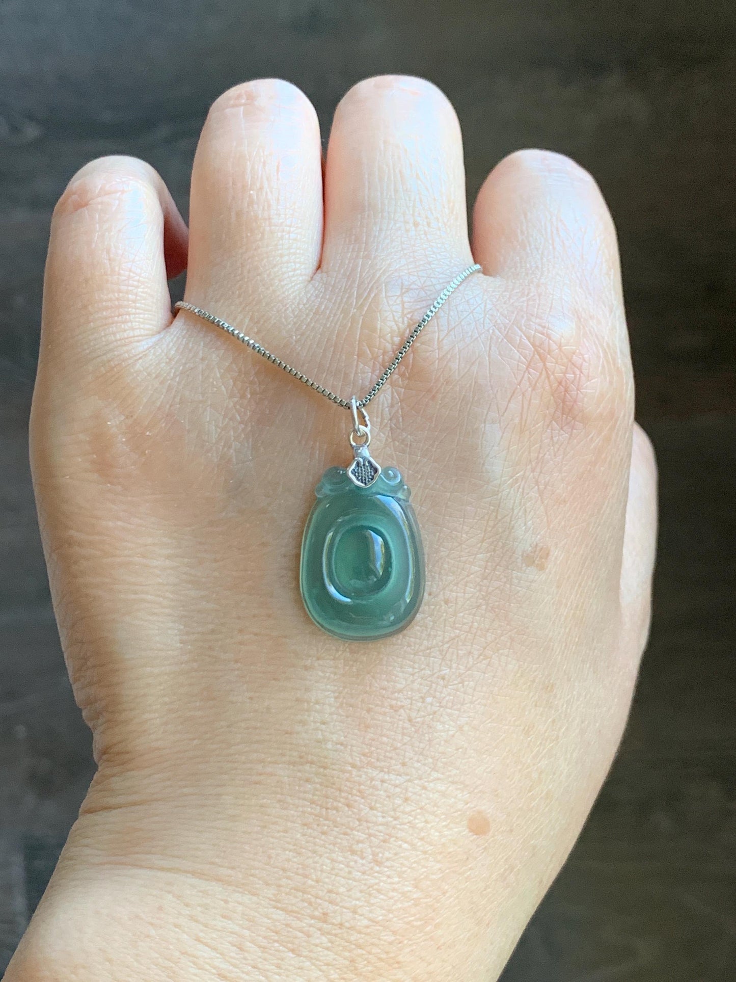 Natural Grade A Guatemalan Icy Highly Translucent Teal Green Jade Jadeite Lucky Coin Fu Bei Pendant Sterling Silver 天然冰胶危老种晴绿翡翠福贝吊坠 FBW68C