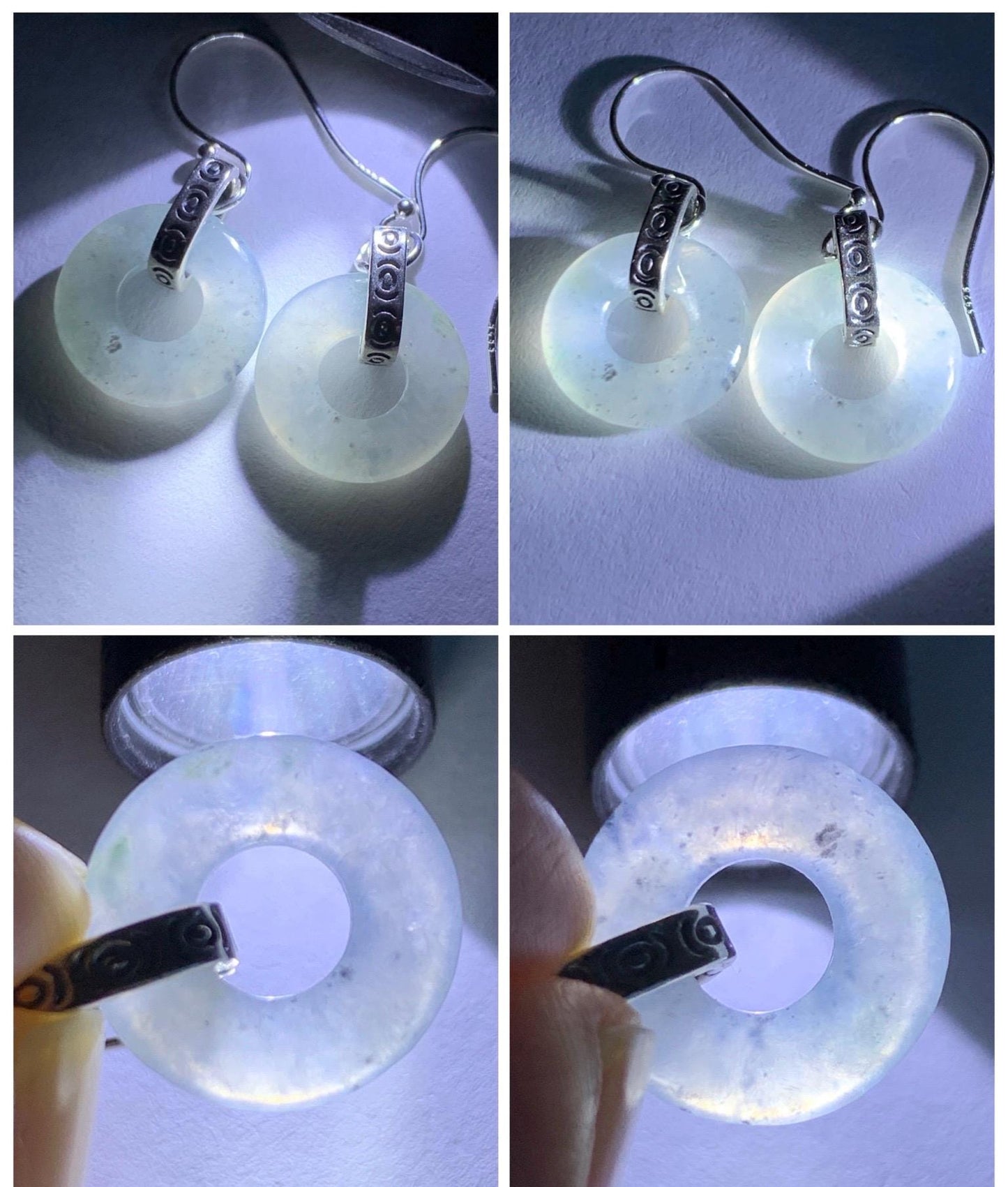 Natural Grade A Icy Highly Translucent White Wuji Jade Jadeite Ping An Kou Donut Ring Earrings Sterling Silver 天然起冰白乌鸡翡翠平安扣耳钩 MWJ66A