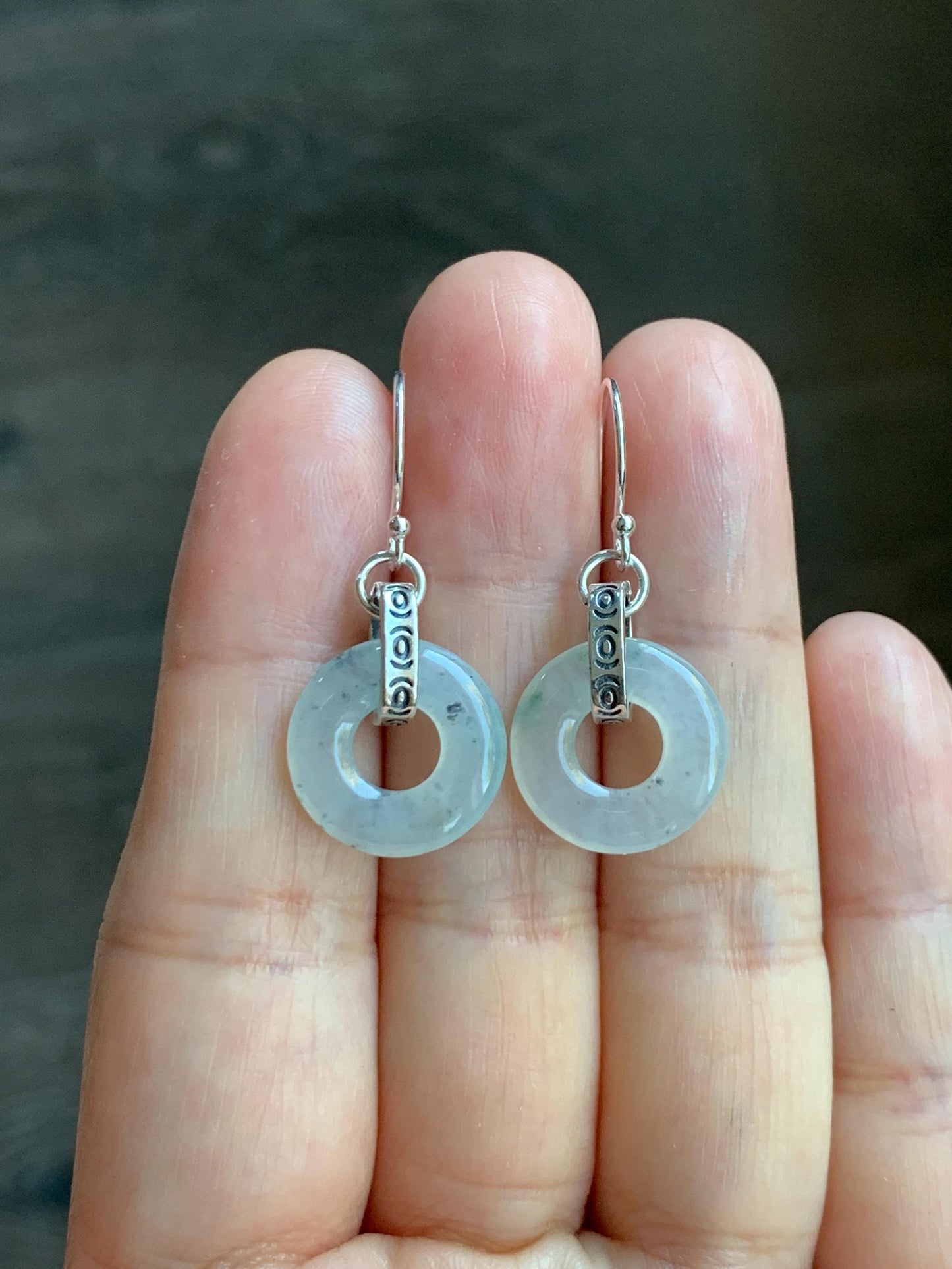 Natural Grade A Icy Highly Translucent White Wuji Jade Jadeite Ping An Kou Donut Ring Earrings Sterling Silver 天然起冰白乌鸡翡翠平安扣耳钩 MWJ66A