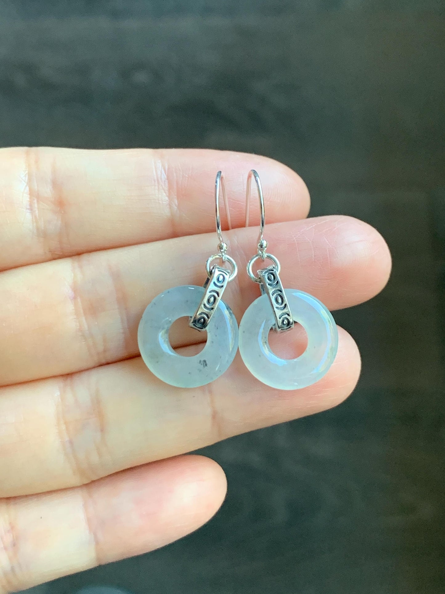 Natural Grade A Icy Highly Translucent White Wuji Jade Jadeite Ping An Kou Donut Ring Earrings Sterling Silver 天然起冰白乌鸡翡翠平安扣耳钩 MWJ66A