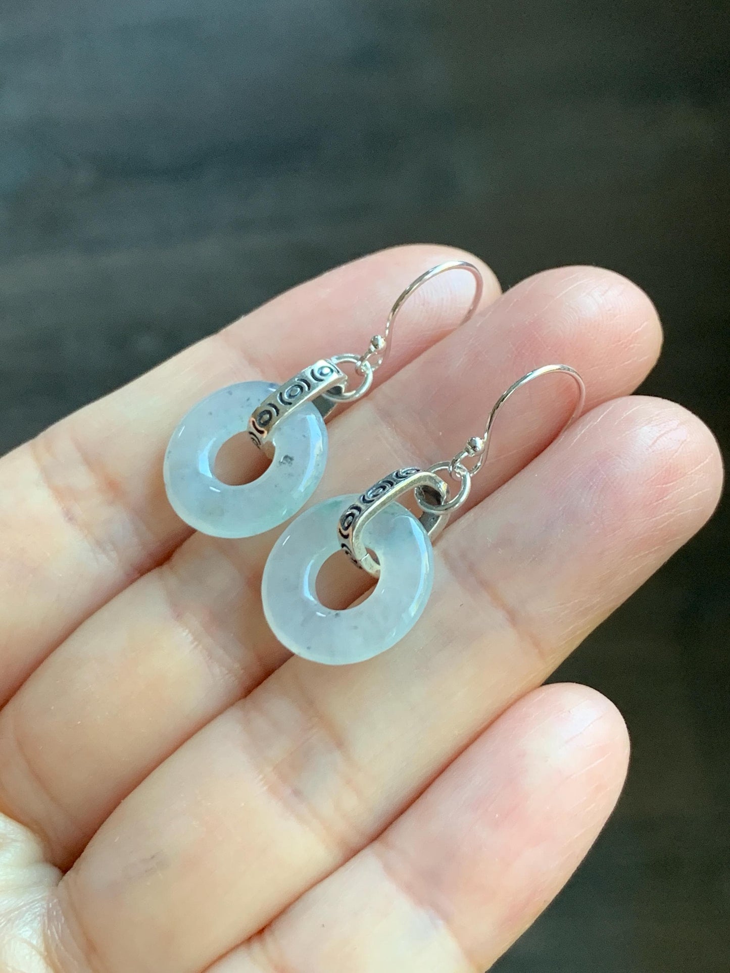 Natural Grade A Icy Highly Translucent White Wuji Jade Jadeite Ping An Kou Donut Ring Earrings Sterling Silver 天然起冰白乌鸡翡翠平安扣耳钩 MWJ66A