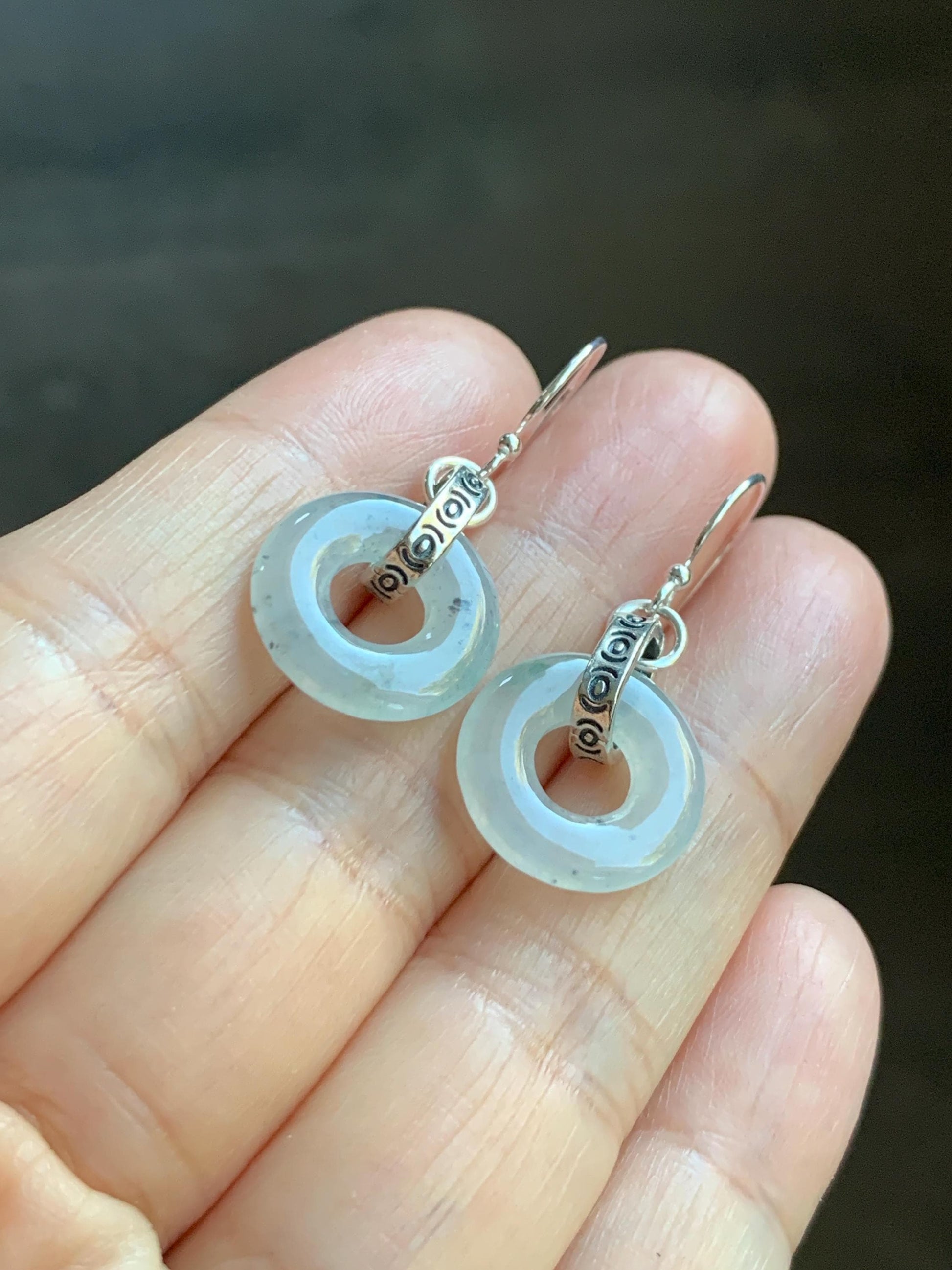 Natural Grade A Icy Highly Translucent White Wuji Jade Jadeite Ping An Kou Donut Ring Earrings Sterling Silver 天然起冰白乌鸡翡翠平安扣耳钩 MWJ66A