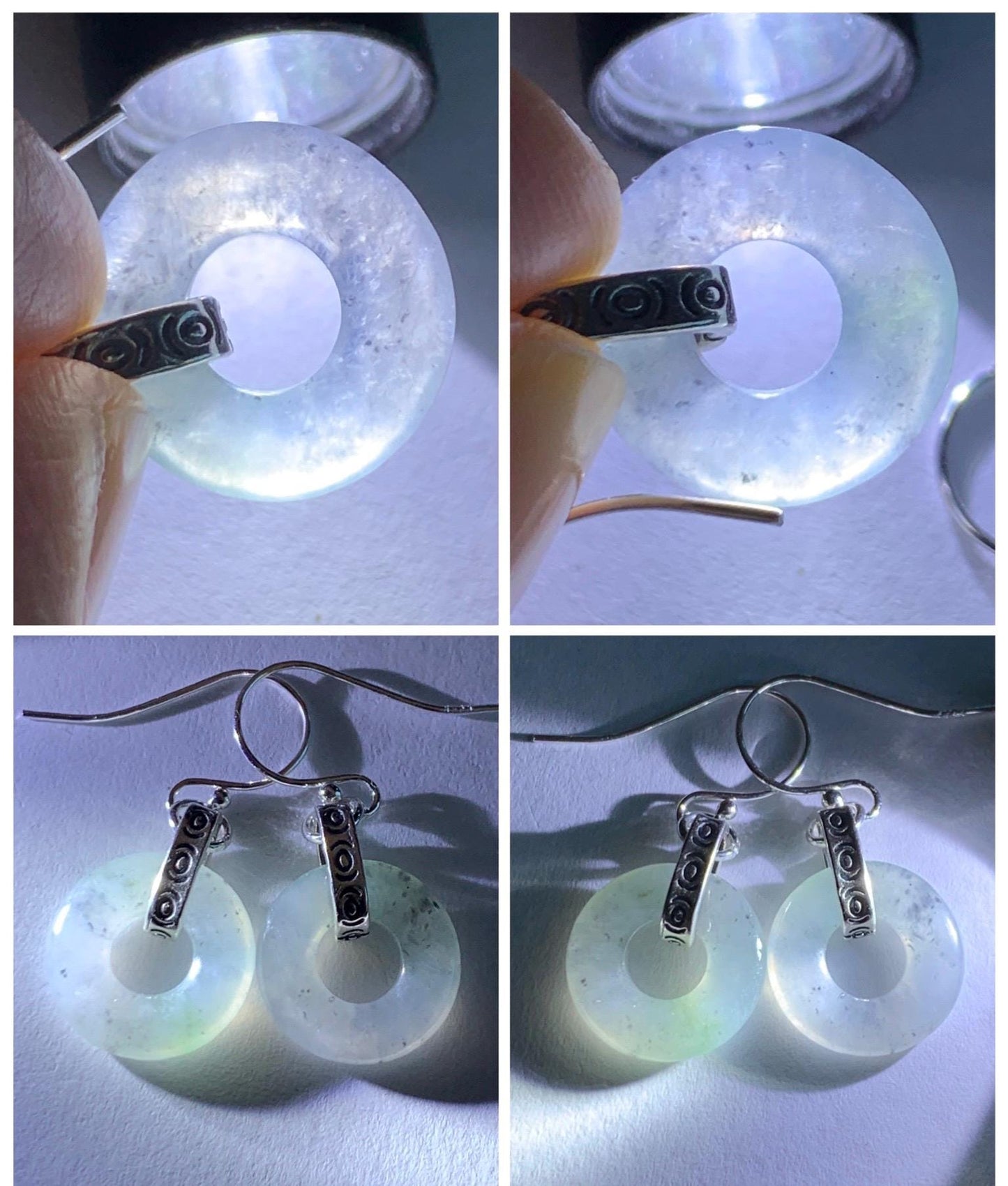 Natural Grade A Icy Highly Translucent White Wuji Jade Jadeite Ping An Kou Donut Ring Earrings Sterling Silver 天然起冰白乌鸡翡翠平安扣耳钩 MWJ66B