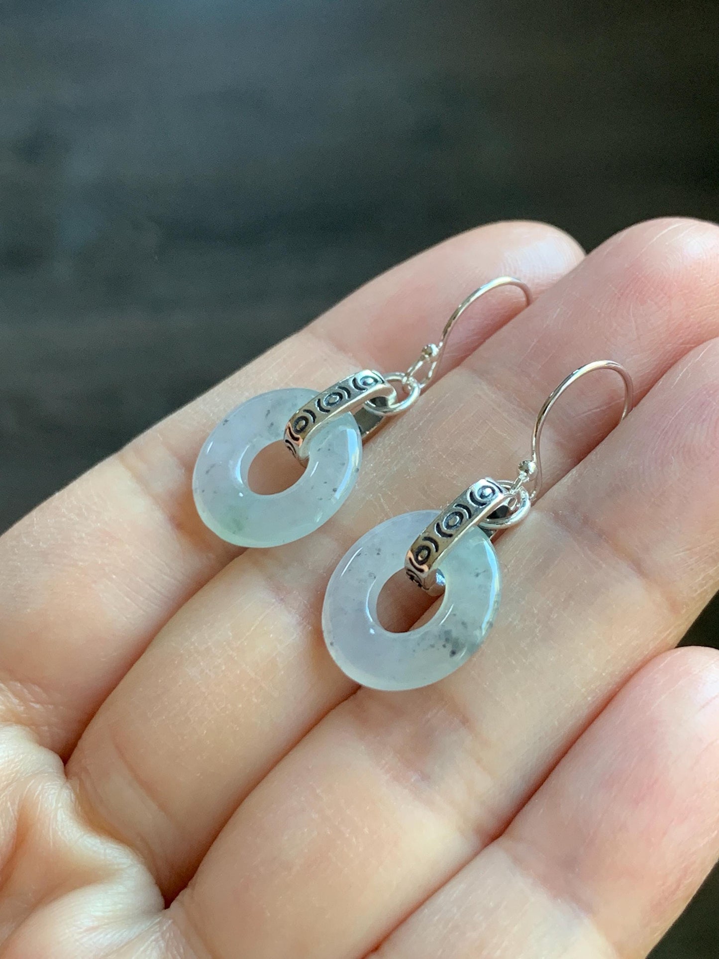 Natural Grade A Icy Highly Translucent White Wuji Jade Jadeite Ping An Kou Donut Ring Earrings Sterling Silver 天然起冰白乌鸡翡翠平安扣耳钩 MWJ66B