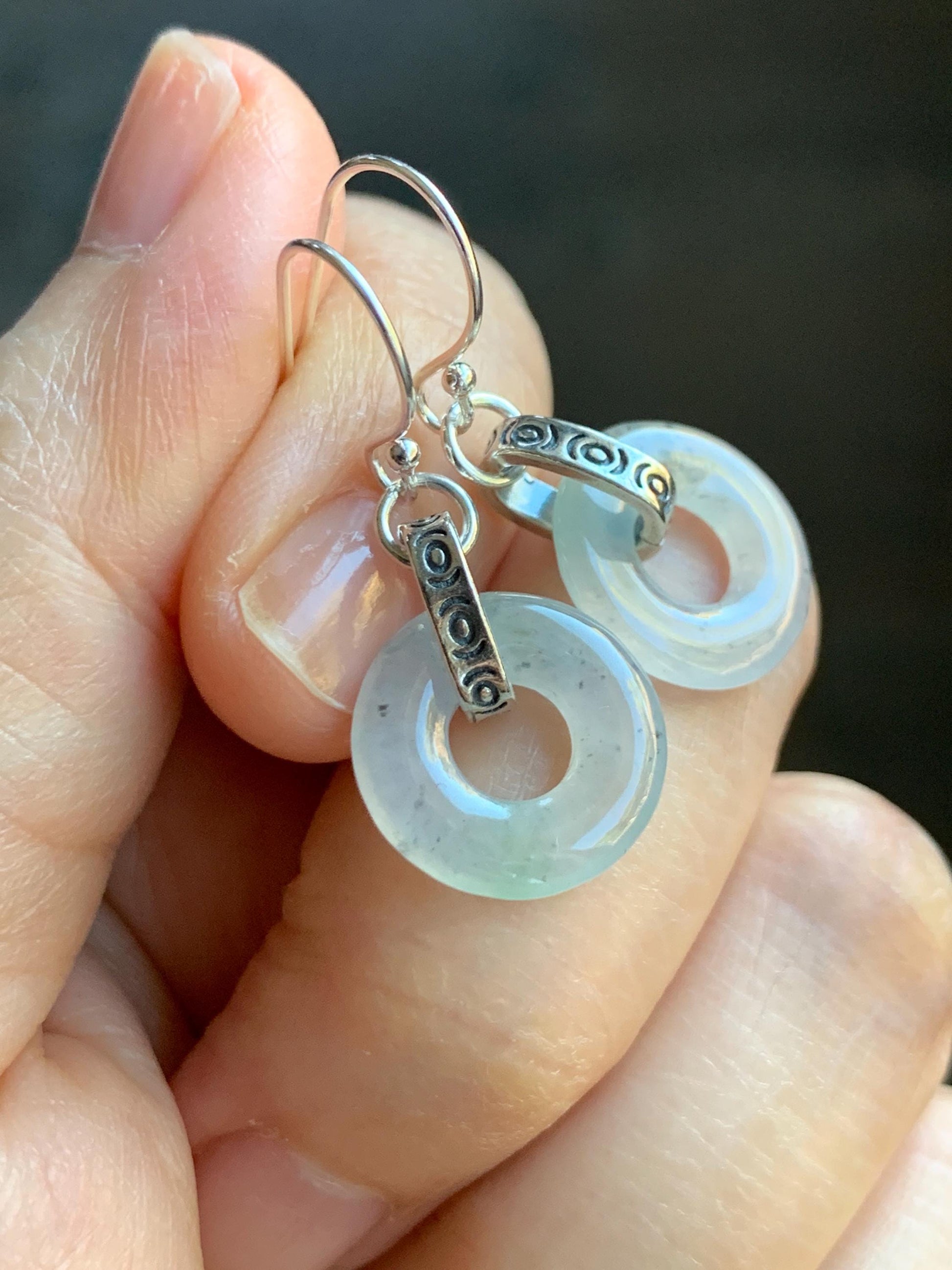 Natural Grade A Icy Highly Translucent White Wuji Jade Jadeite Ping An Kou Donut Ring Earrings Sterling Silver 天然起冰白乌鸡翡翠平安扣耳钩 MWJ66B