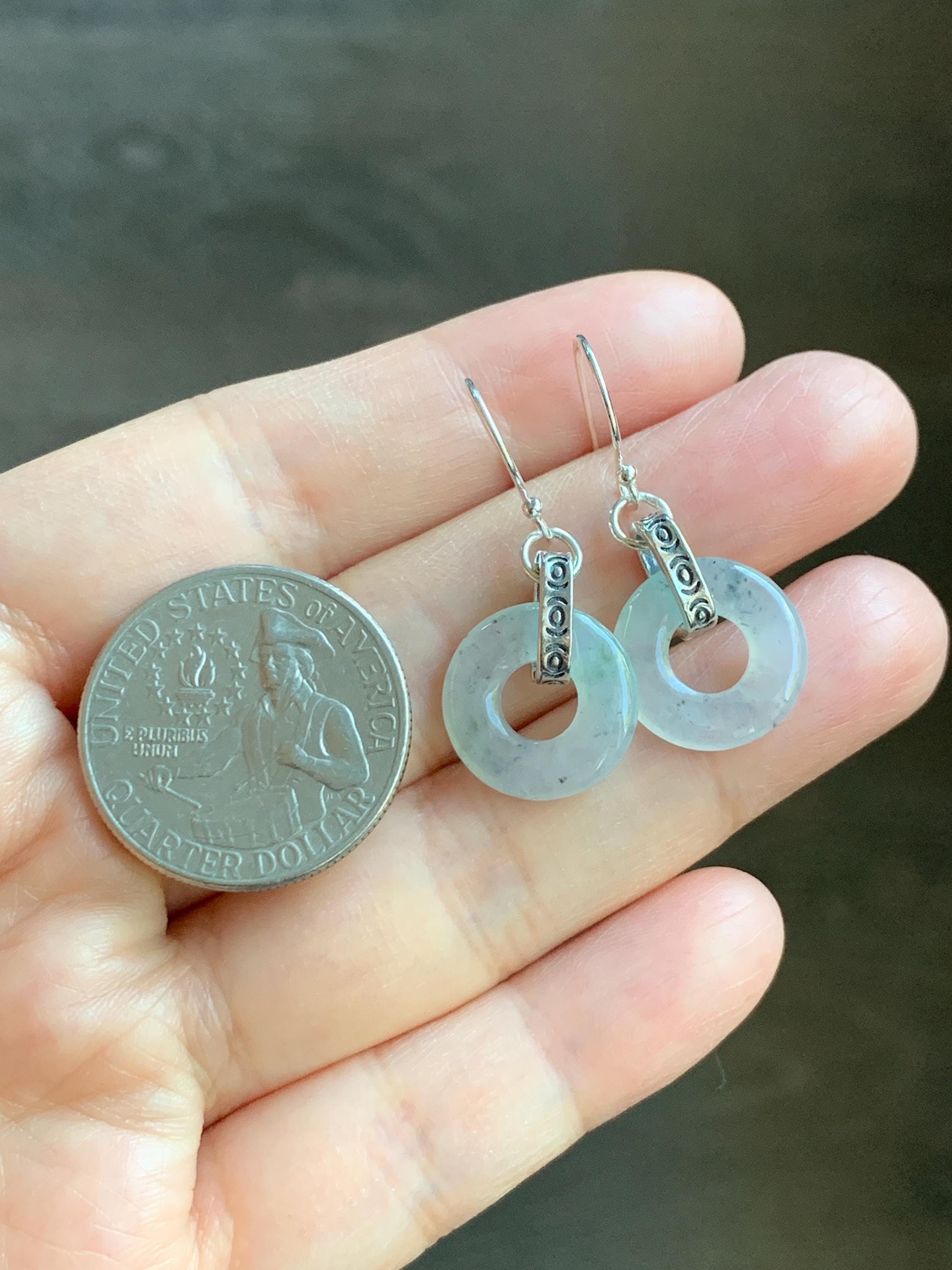 Natural Grade A Icy Highly Translucent White Wuji Jade Jadeite Ping An Kou Donut Ring Earrings Sterling Silver 天然起冰白乌鸡翡翠平安扣耳钩 MWJ66B