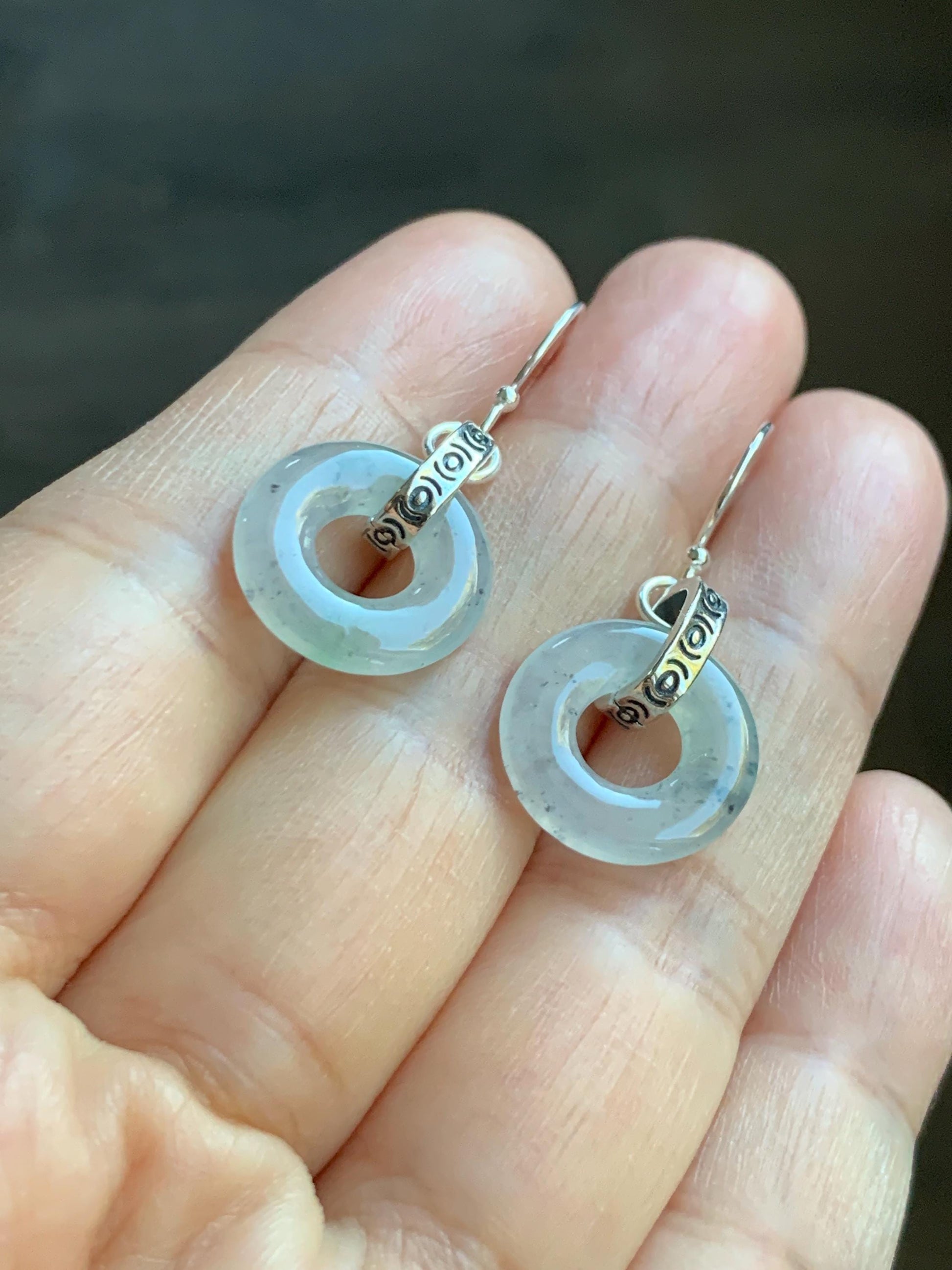 Natural Grade A Icy Highly Translucent White Wuji Jade Jadeite Ping An Kou Donut Ring Earrings Sterling Silver 天然起冰白乌鸡翡翠平安扣耳钩 MWJ66B